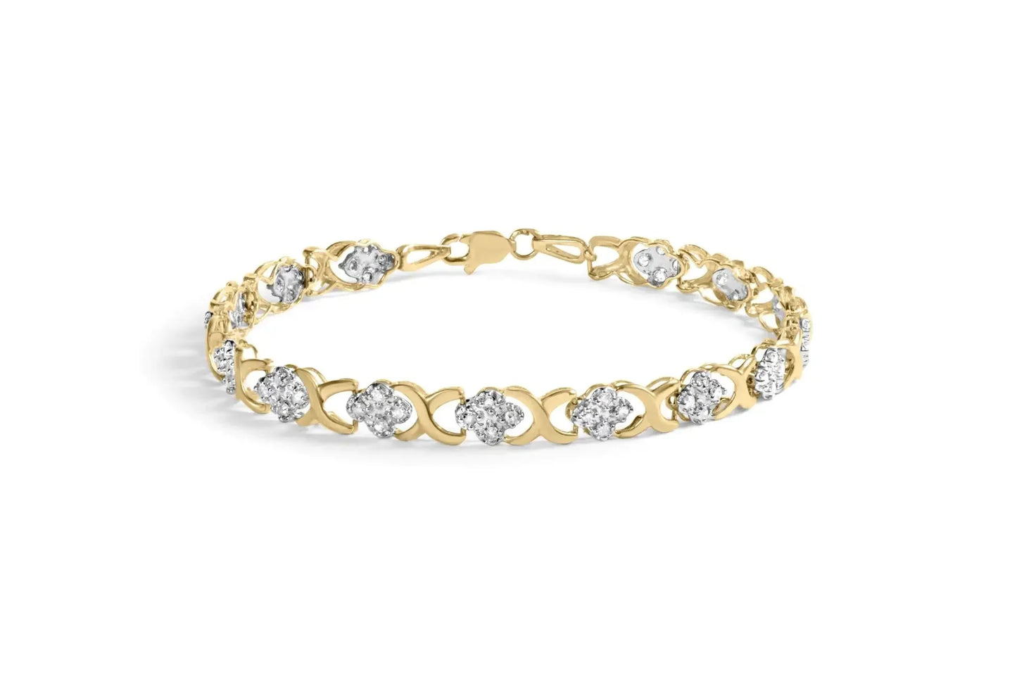 10K Yellow Gold 1.00 Cttw Diamond 5 Stone Floral Cluster and "X" Link 7" Bracelet (I - J Color, I3 Clarity) - Anti Spier - Anti Spier - bracelet