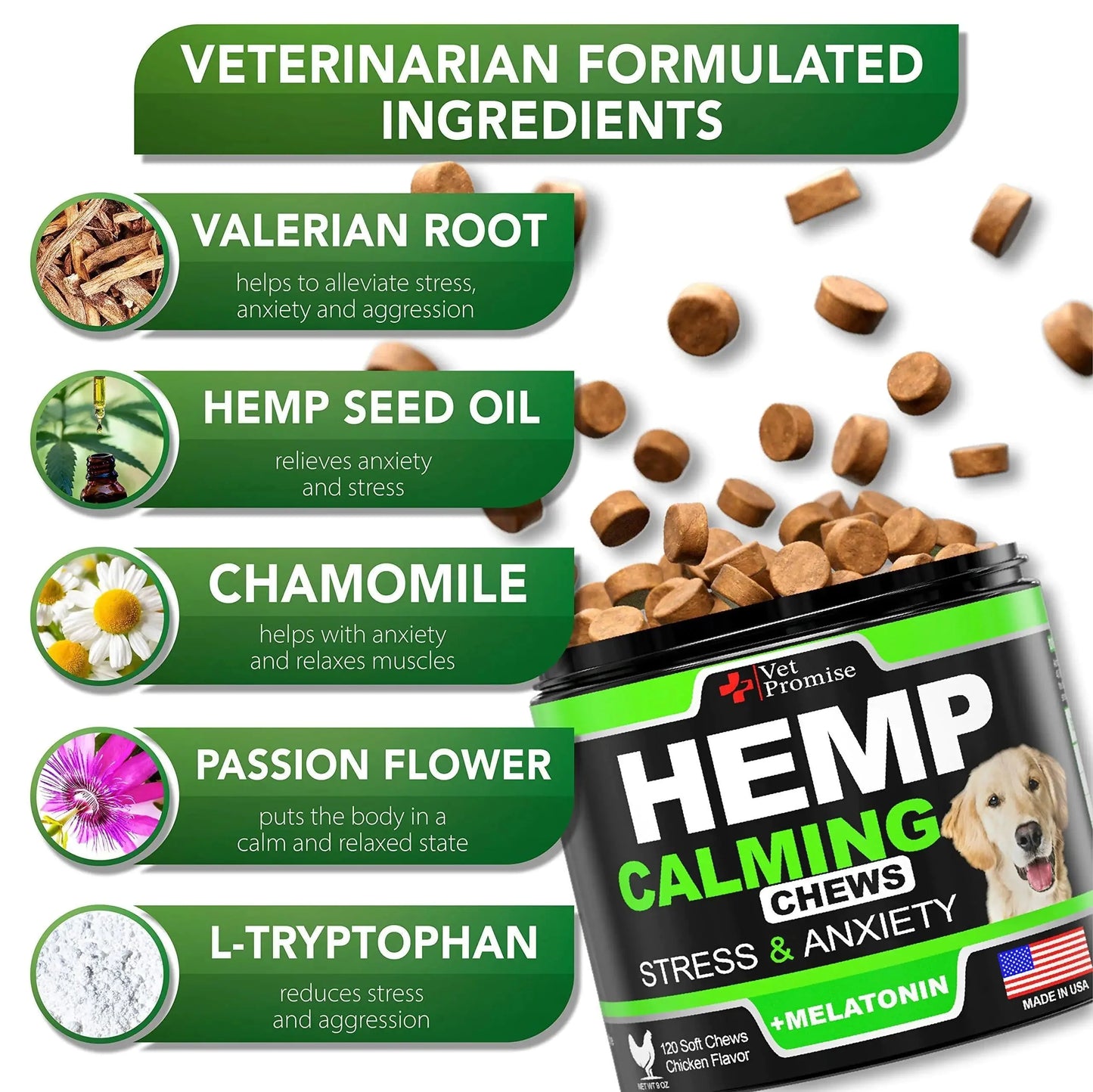 Hemp Calming Chews for Dogs Anxiety and Stress Dog Natural Calming 120 Treats Anti Spier