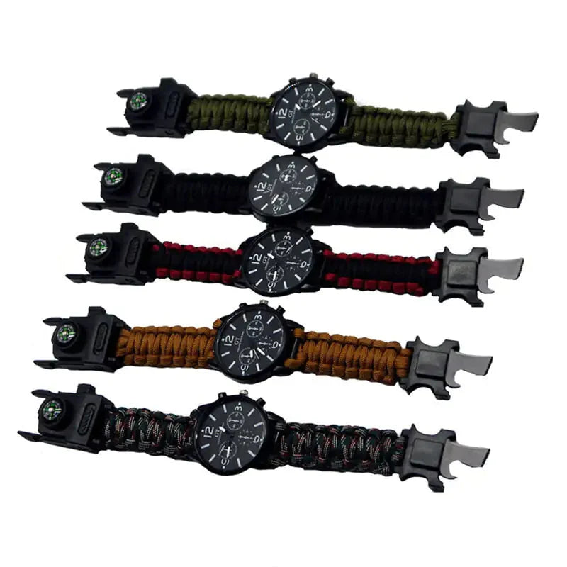 Outdoor Multi function Camping Survival Watch Bracelet Tools With LED Light Anti Spier