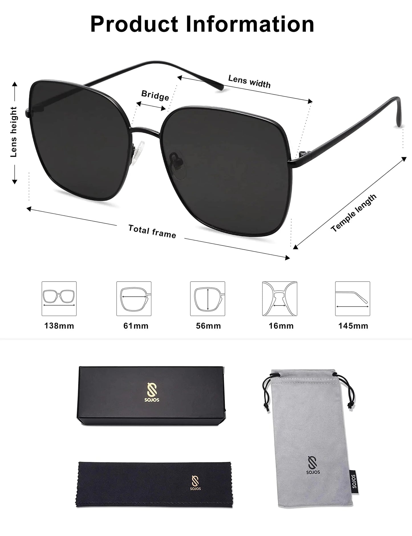 SOJOS Trendy Oversized Square Metal Frame Sunglasses for Women Men Flat Mirrored Lens UV Protection Sunglasses SJ1146 Black/Grey Anti Spier