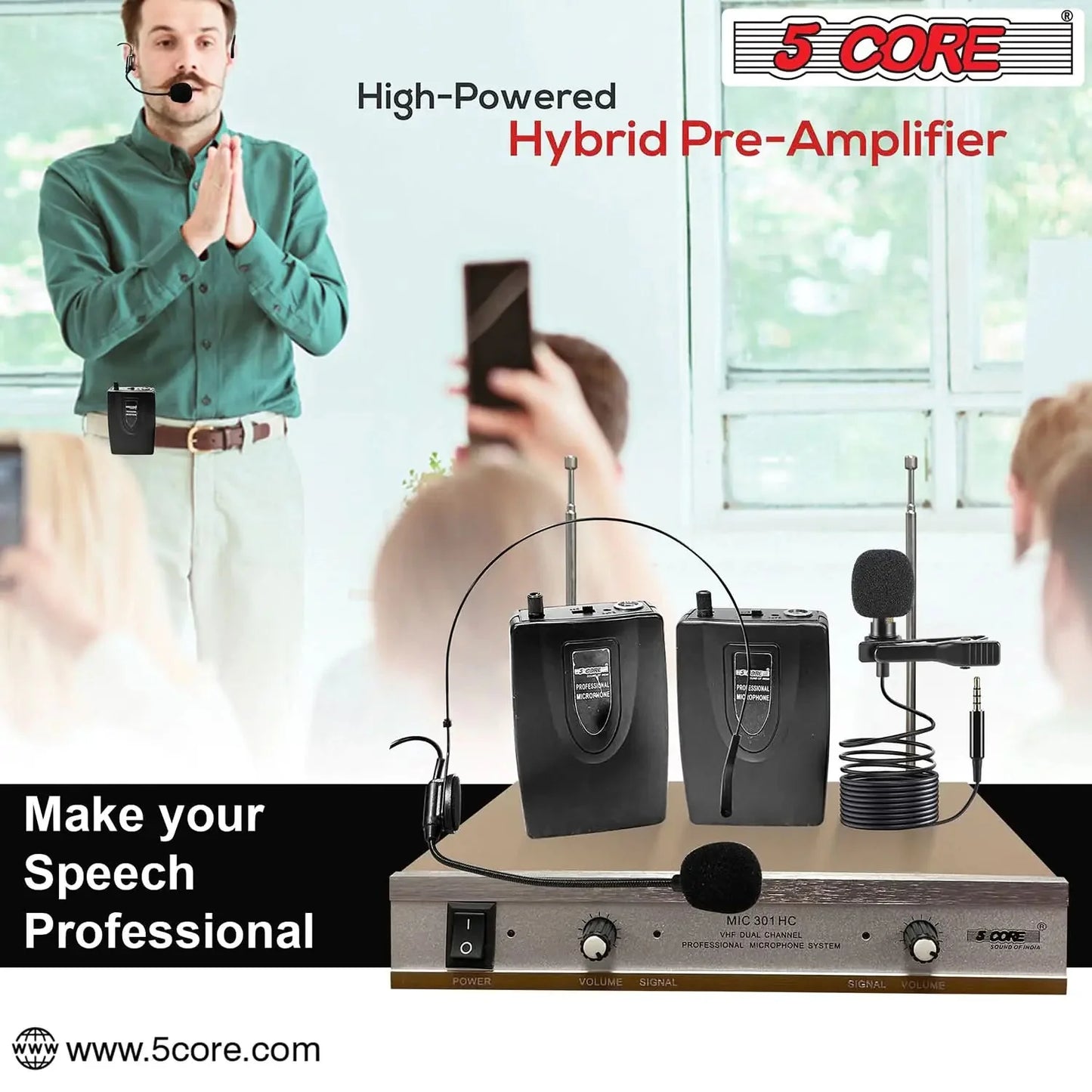 5Core Wireless Microphones w 1 Headset 1 Collar Mic + Receiver Microfono Inalambrico Anti Spier