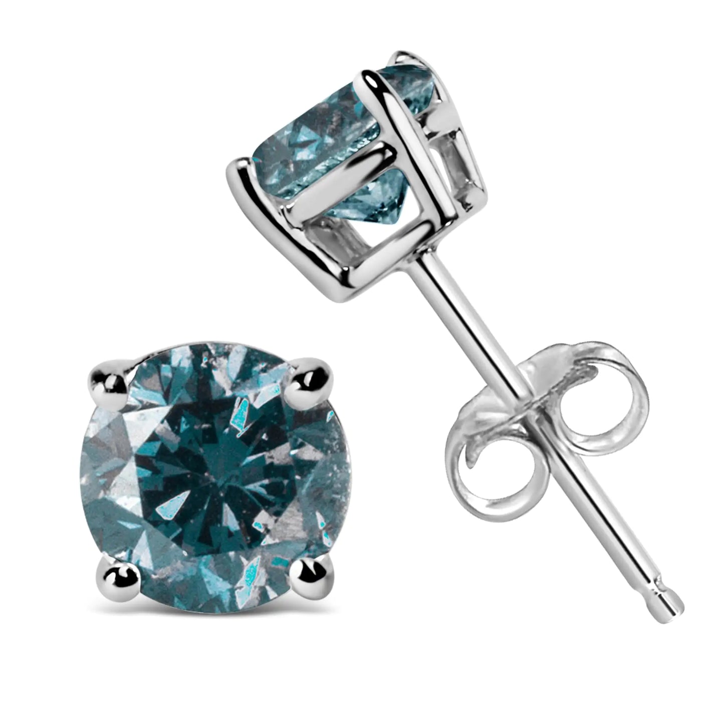 14K Gold Round Brilliant Cut Lab Grown Blue Diamond 4-Prong Classic Solitaire Stud Earrings with Pushbacks - Anti Spier