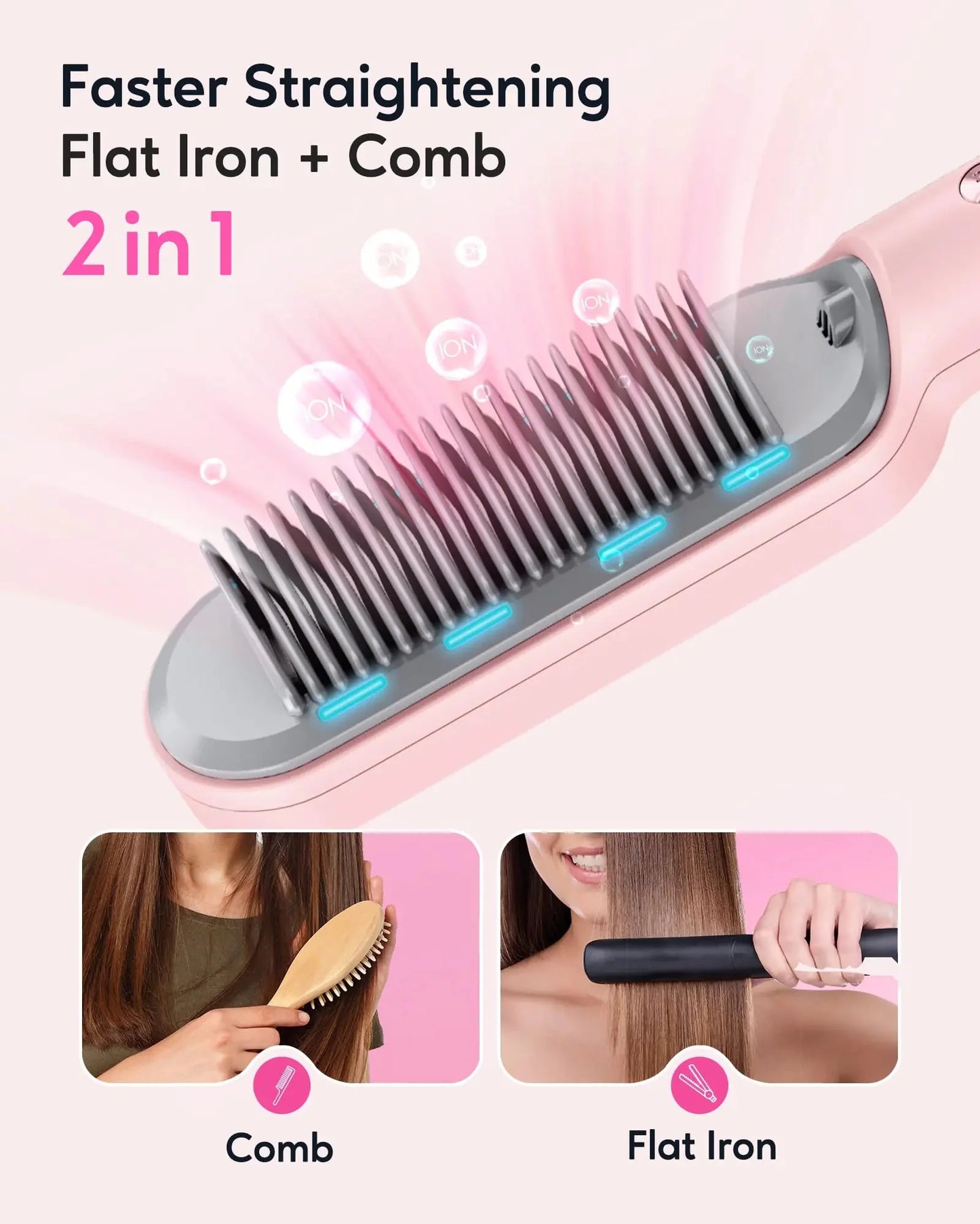 Wavytalk Hair Straightener Brush, Ionic Hair Straightening Comb for Women, Anti-Scald Ceramic Straightening Brush Fast Heating for Home Salon, Dual Voltage Pink. Anti Spier