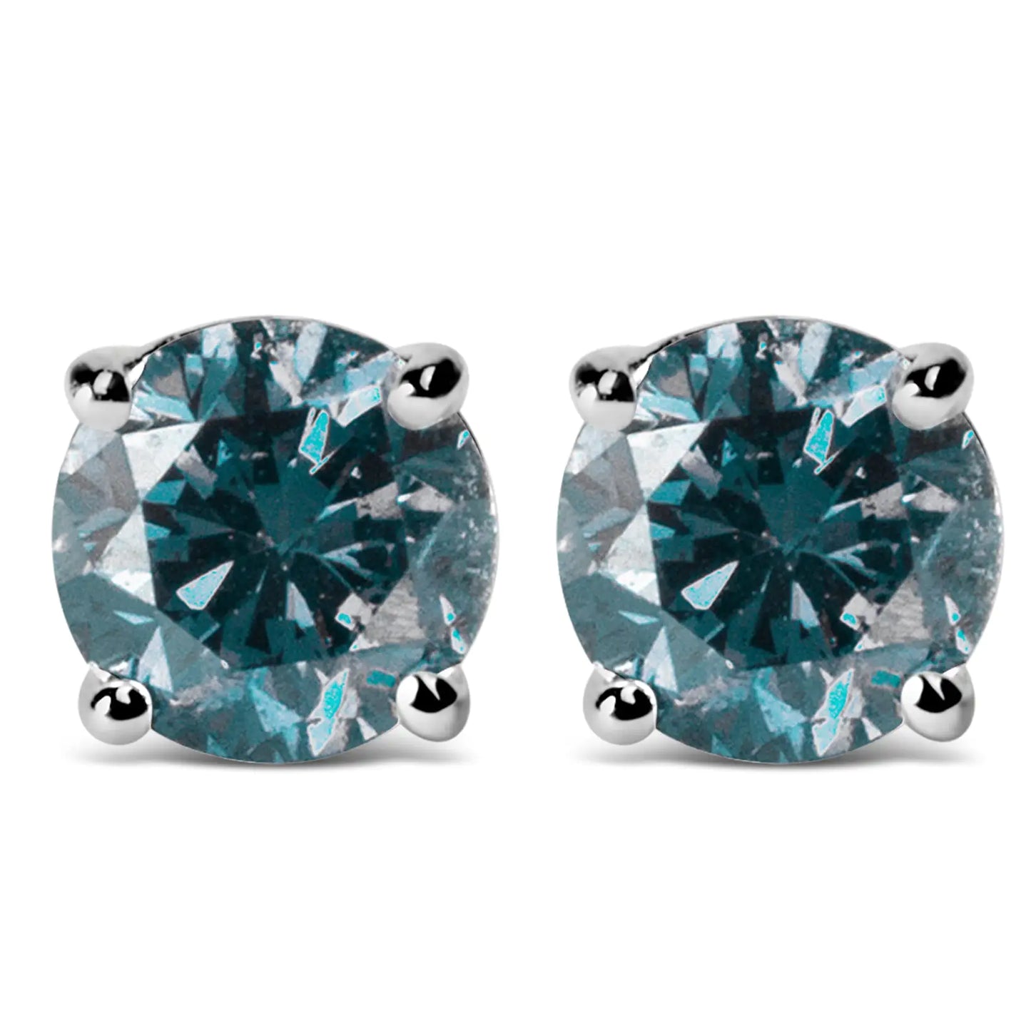 14K Gold Round Brilliant Cut Lab Grown Blue Diamond 4-Prong Classic Solitaire Stud Earrings with Pushbacks - Anti Spier