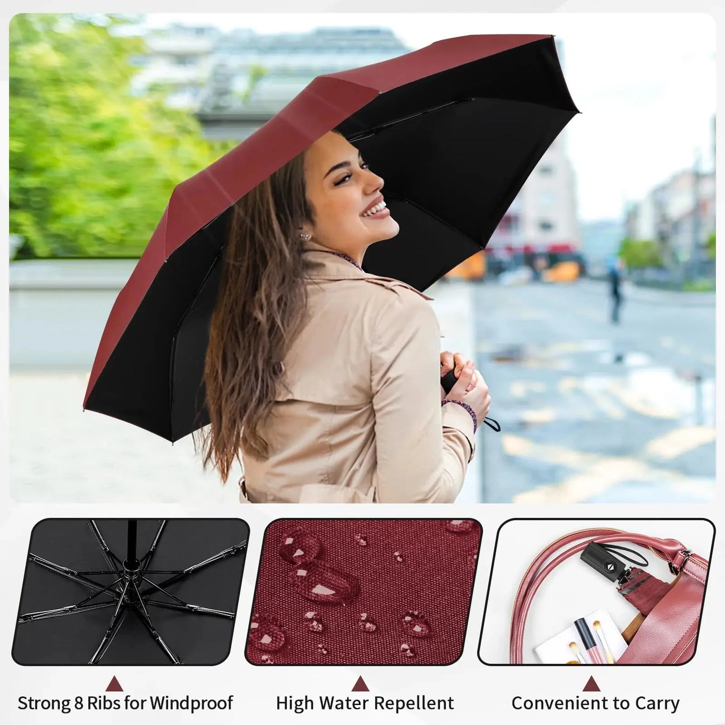 Yoobure Windproof Travel Umbrella, Automatic Umbrellas for Rain, Portable & Compact Umbrella for Backpack, Sun Umbrella for Walking, Folding Small Umbrella for Car, Lightweight Strong UV Protection Auto-Burgundy Red Anti Spier