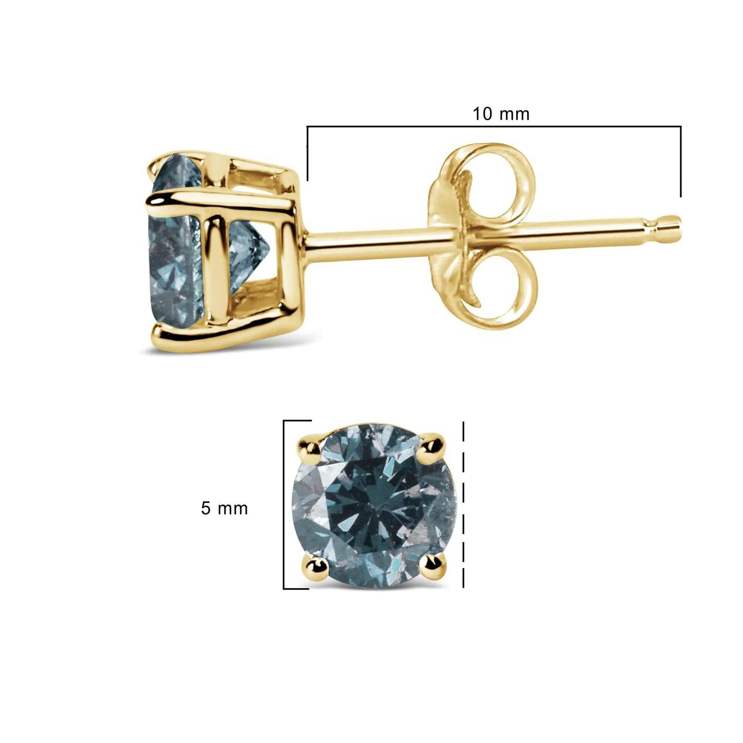 14K Gold Round Brilliant Cut Lab Grown Blue Diamond 4-Prong Classic Solitaire Stud Earrings with Pushbacks - Anti Spier