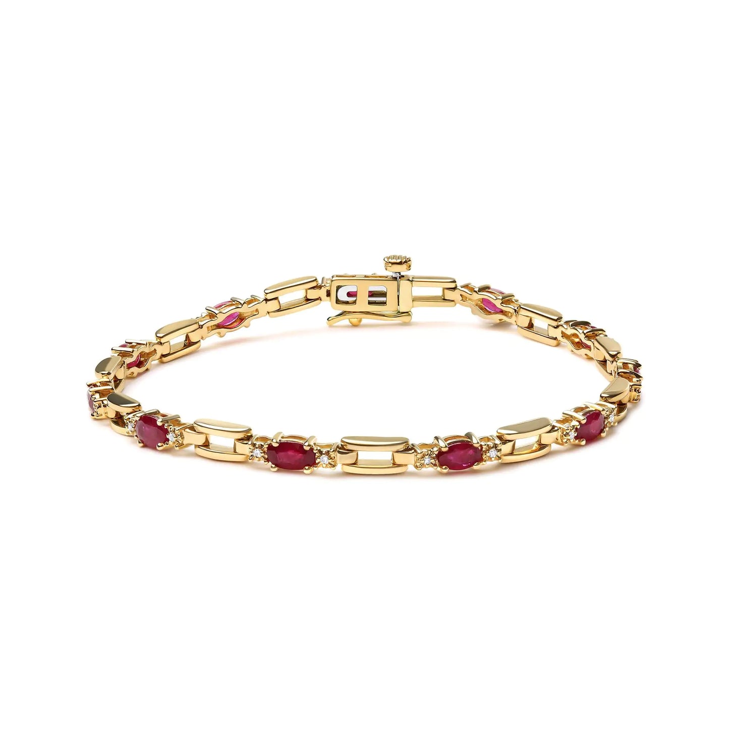 10K Yellow Gold Oval Ruby and 1/10 Cttw Diamond Bar Prong Set Bracelet (H-I Color, SI1-SI2 Clarity) - Size 7" - Anti Spier