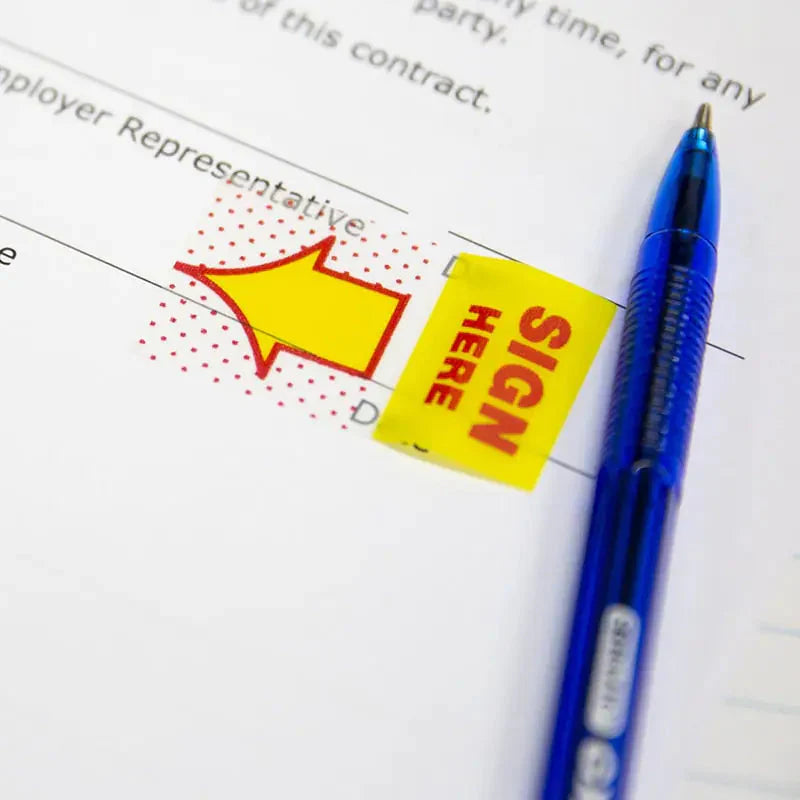 25 Ct. 1" x 1.7" Yellow Color Printed Sign Here Flags w/ Dispenser (2/Pack) Anti Spier