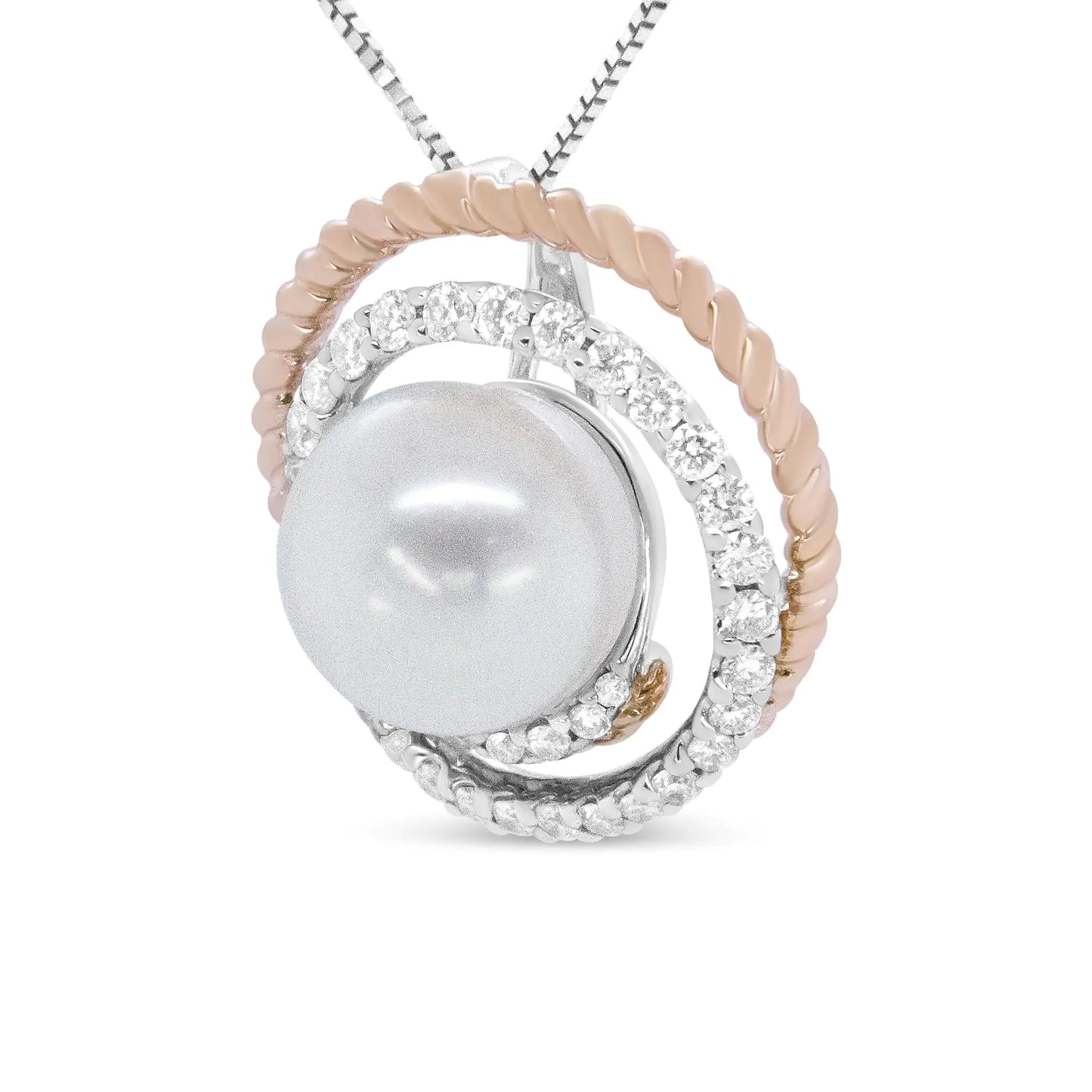 14K Rose and White Gold 3/8 Cttw Pave Diamond and 9mm Round Pearl Spiral Openwork 18" Pendant Necklace- (H-I Color, VS1-VS2 Clarity) - Anti Spier