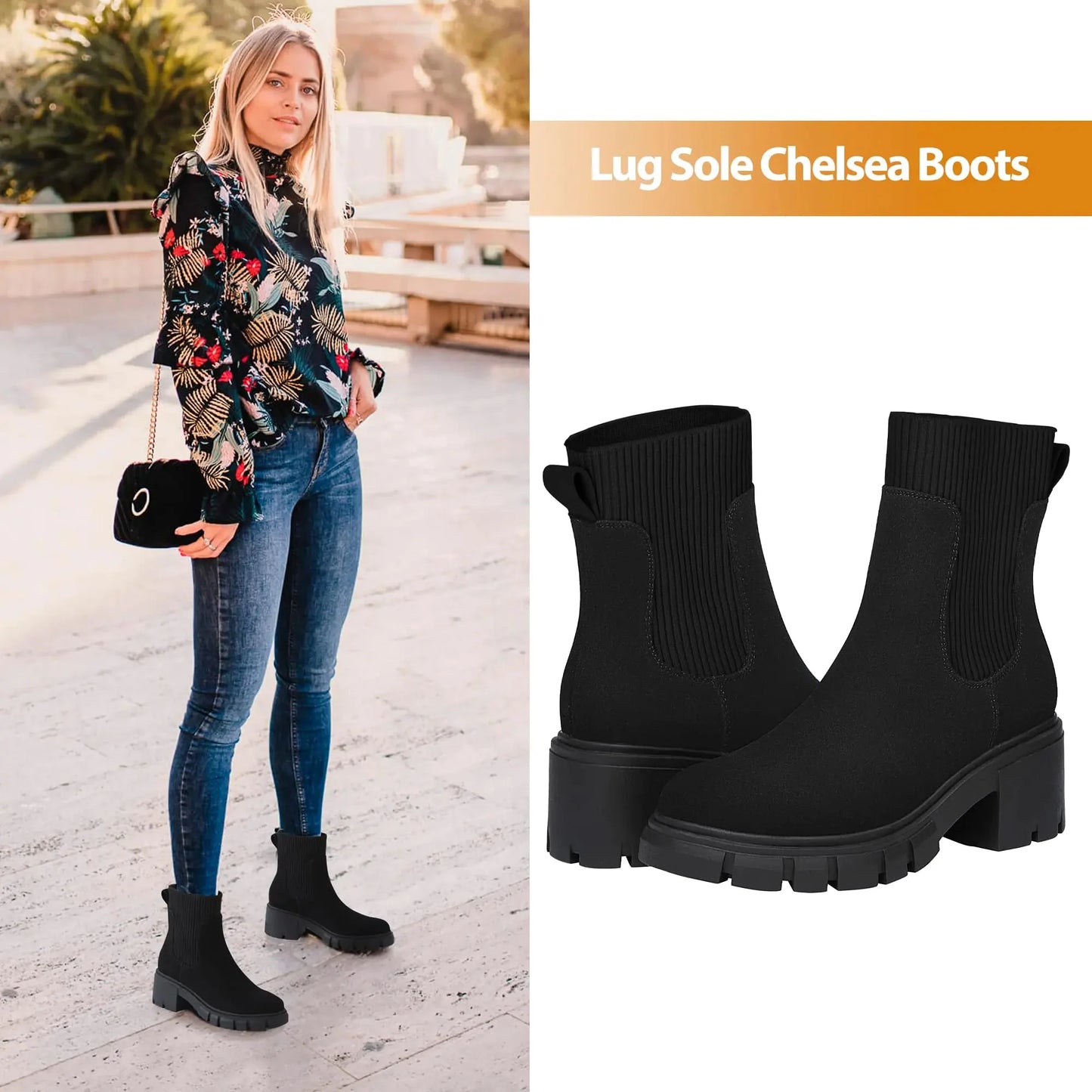 Athlefit Women's Chelsea Boots Fashion Slip on Platform Ankle Boots Lug Sole Chunky Booties 8 02black Anti Spier