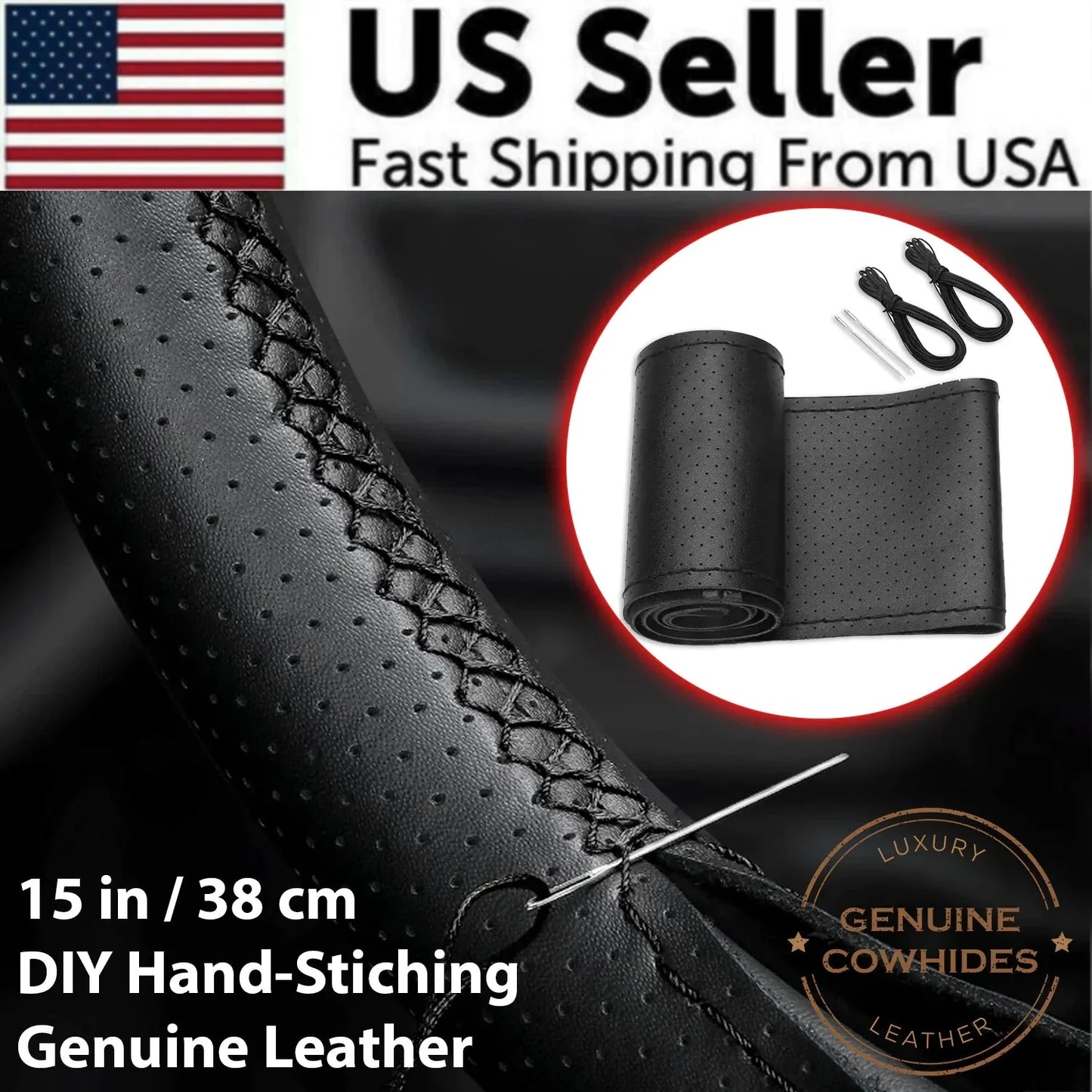 Genuine Leather DIY Car Steering Wheel Cover Anti-slip For 15"/38 cm Black US Anti Spier