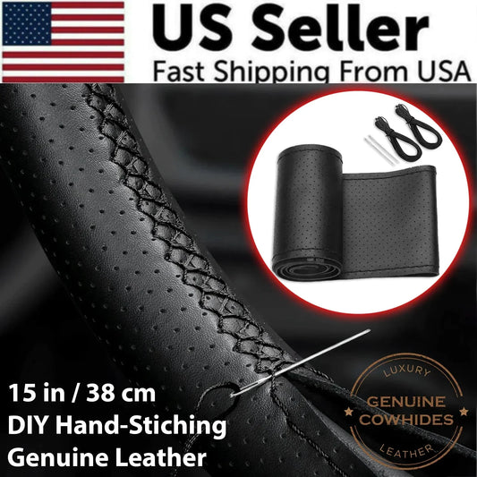 Genuine Leather DIY Car Steering Wheel Cover Anti-slip For 15"/38 cm Black US Anti Spier