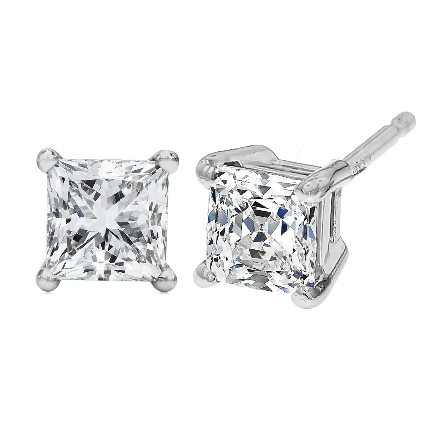 14K White Gold Princess Cut Lab-Grown Diamond Solitaire Stud Earrings (F-G Color, VS2-SI1 Clarity) - Anti Spier 