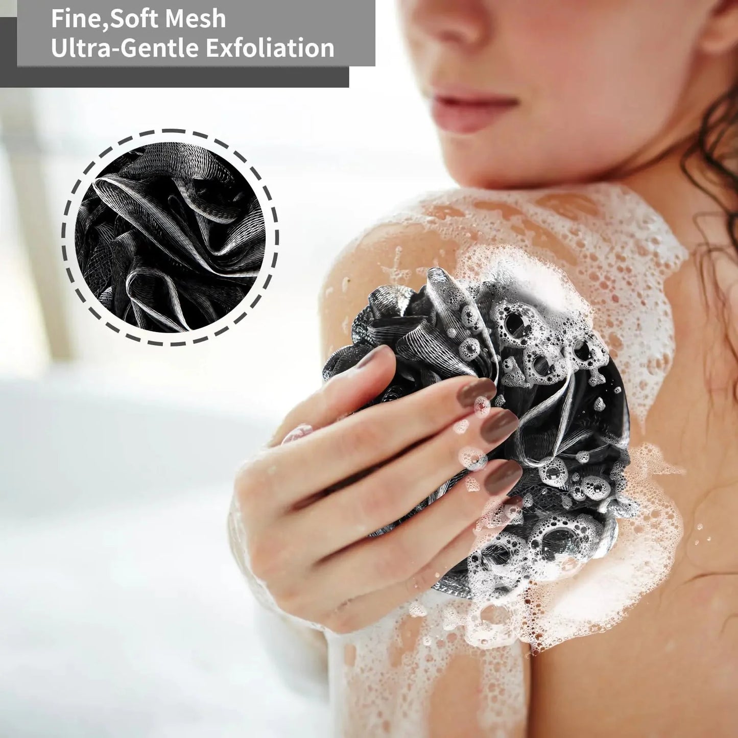 Bath Loofah Shower Sponge Body Back Scrubber Soft Mesh Shower Puffs Exfoliating Loofa for Women & Men Bath Accessories Cleaning Tool (4Pack 60G Black, Charcoal Black) 1 Count (Pack of 4) Anti Spier