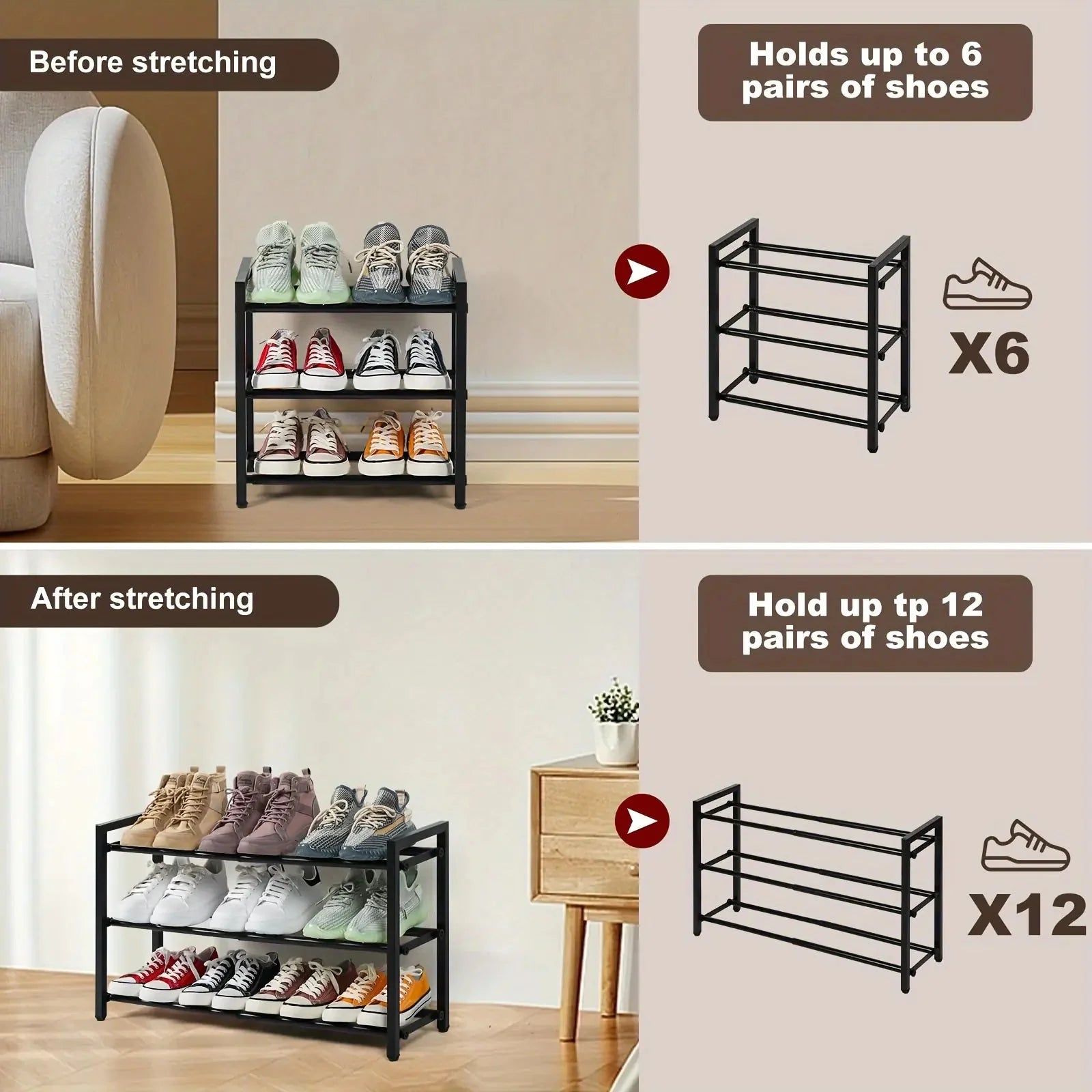 Expandable 3-Tier Metal Shoe Rack Anti Spier
