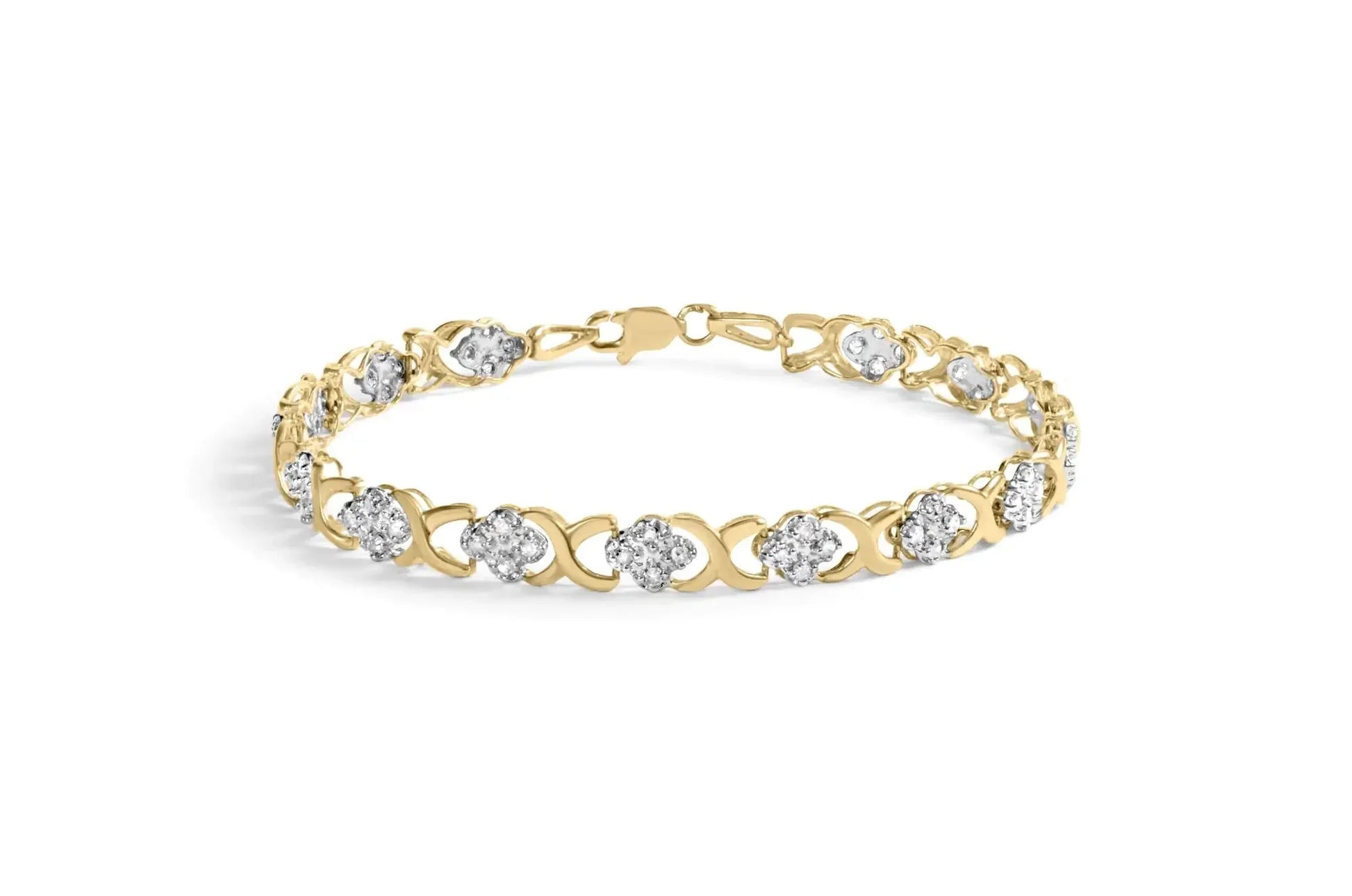 10K Yellow Gold 1.00 Cttw Diamond 5 Stone Floral Cluster and "X" Link 7" Bracelet (I - J Color, I3 Clarity) - Anti Spier - Anti Spier - bracelet