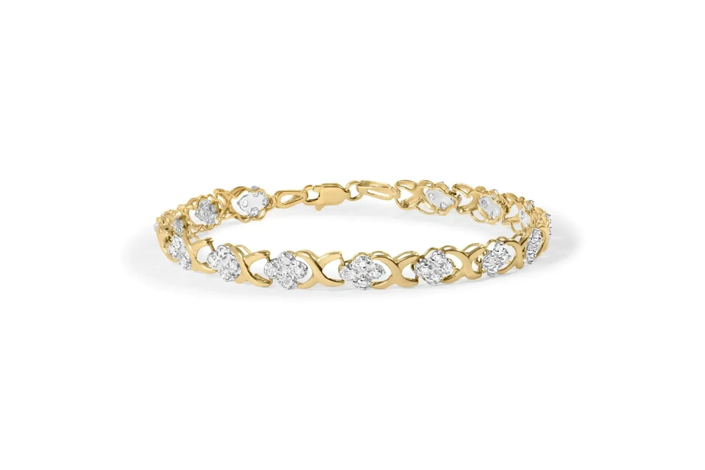 10K Yellow Gold 1.00 Cttw Diamond 5 Stone Floral Cluster and "X" Link 7" Bracelet (I - J Color, I3 Clarity) - Anti Spier - Anti Spier - bracelet