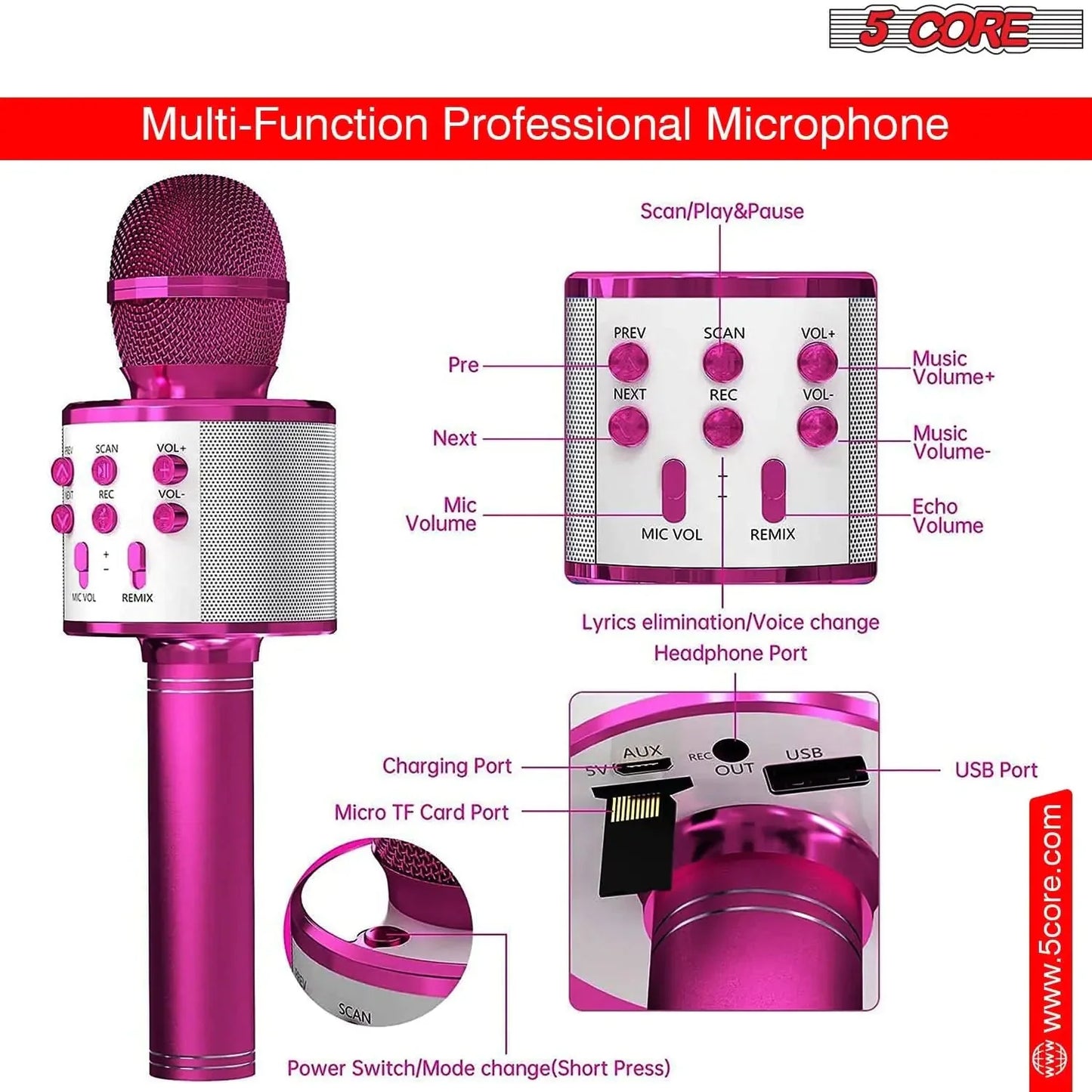5Core Wireless Karaoke Microphone Bluetooth Mic Portable Handheld Microfonos Inalambricos Anti Spier