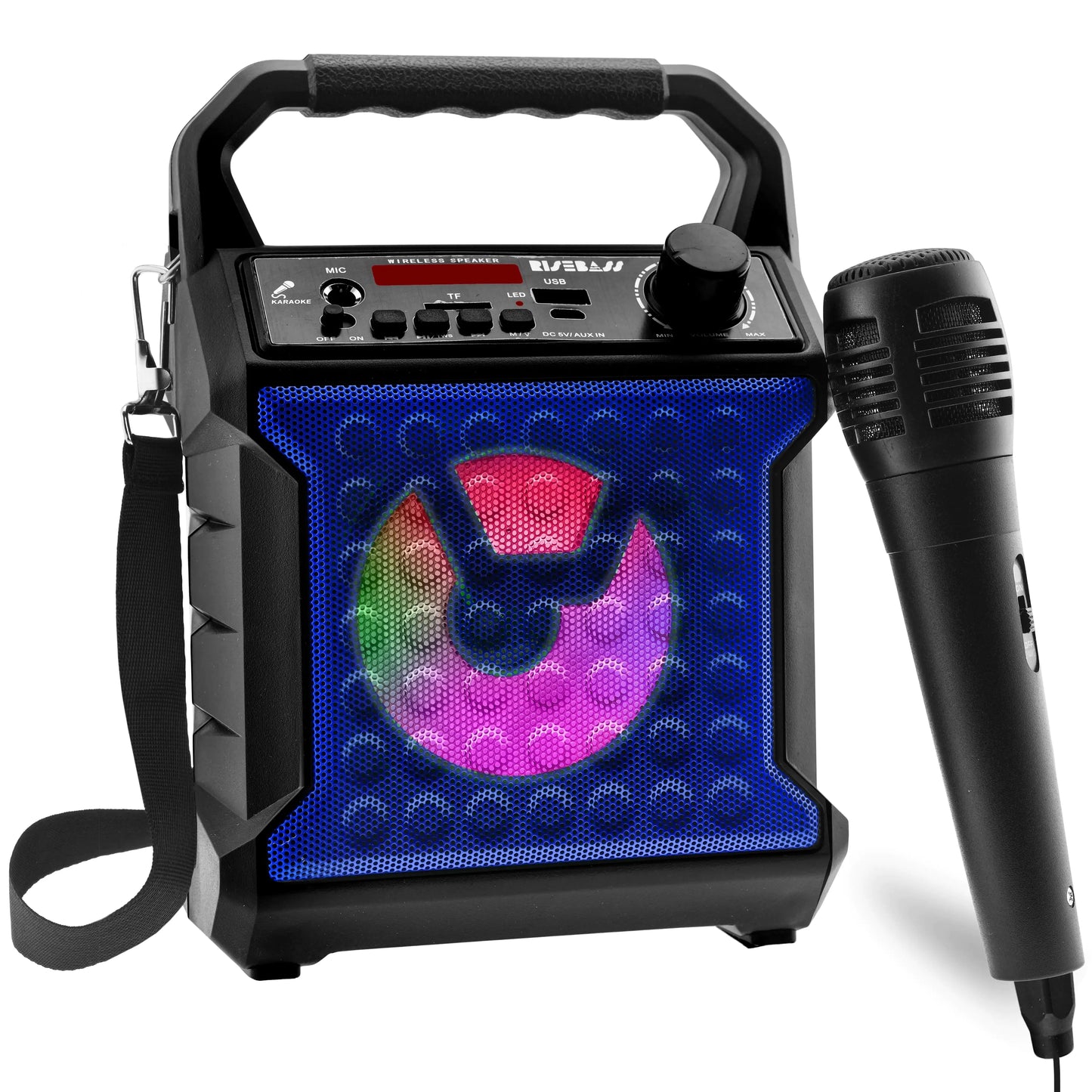 Risebass Portable Karaoke Machine with Microphone - Home Karaoke System with Party Lights for Kids and Adults - Rechargeable USB Speaker Set with FM Radio, SD/TF Card Support, and AUX-in Anti Spier
