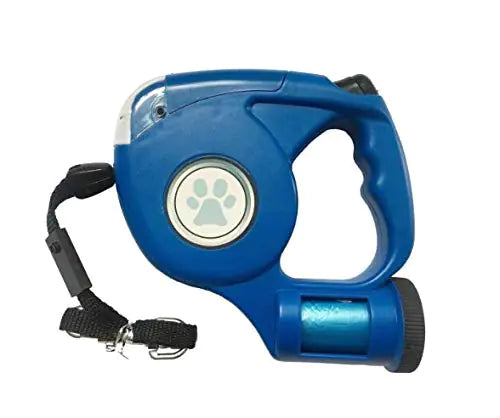 JEBBLAS Dog Retractable Leashes with Flashlight and Waste Bag Dispenser 3 in 1 Automatic Dog Walking Leash with Anti-Slip Handle Blue 15ft