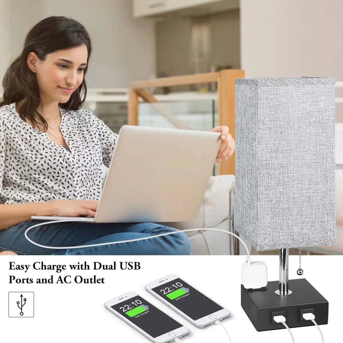USB Bedside Table Lamp - Grey Anti Spier