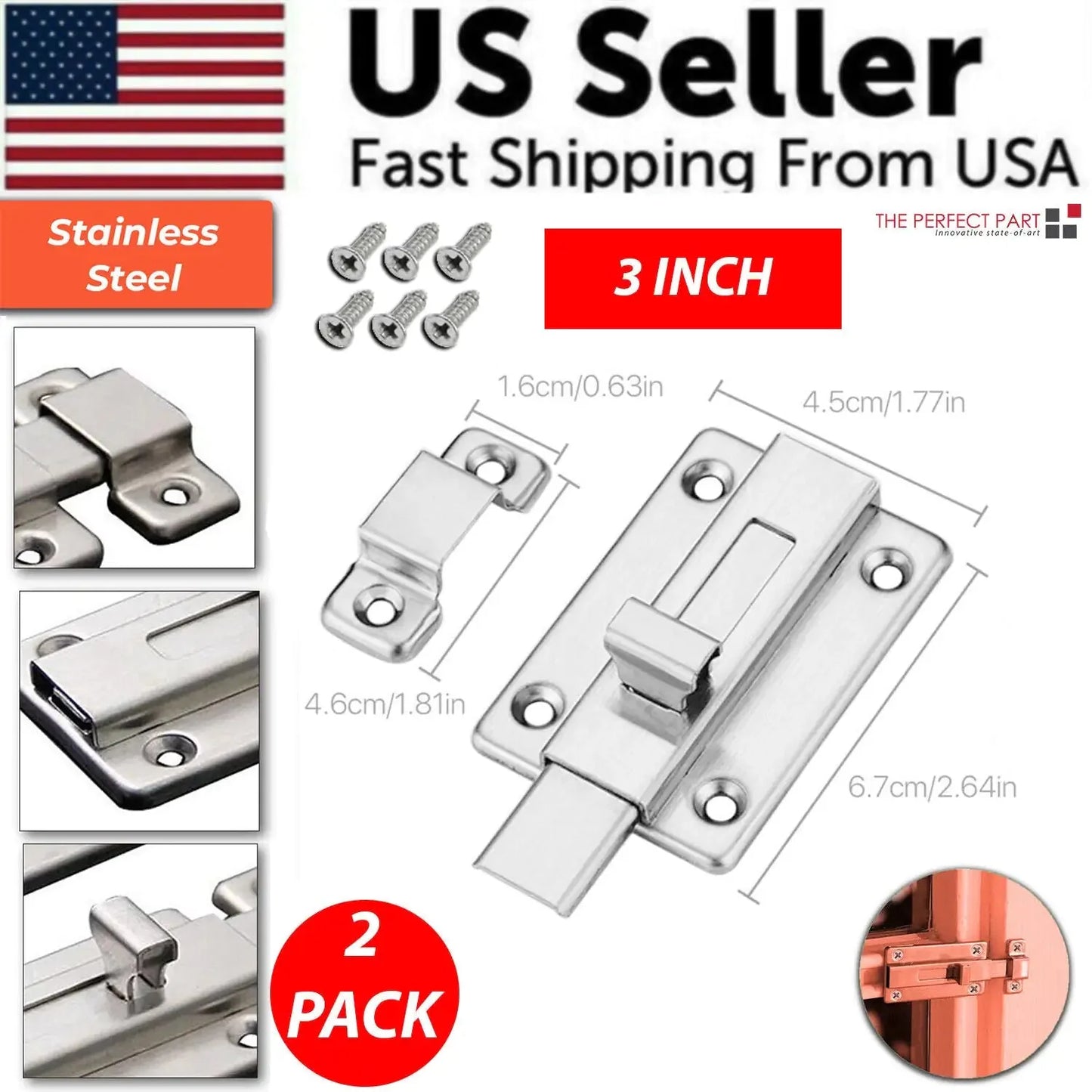 2Pcs Stainless Steel Latch Sliding Silver Doors Lock Keyless Door Bolt For Doors Anti Spier