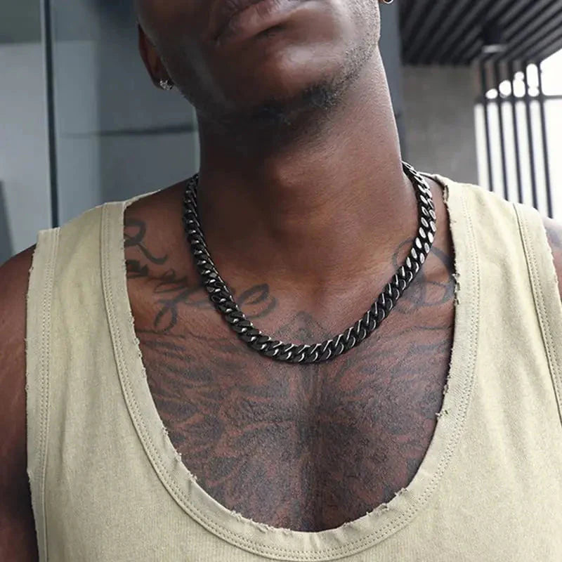 ChainsHouse Stainless Steel Mens Cuban Link Chain, Black/18K Gold Miami Cuban Chain Necklace, 5/7/9mm/12mm Width, No Tarnish& Durable Hip Hop Mens Jewelry, 18"-30", Send Gift Box 20 inches d. 12mm width-black Anti Spier