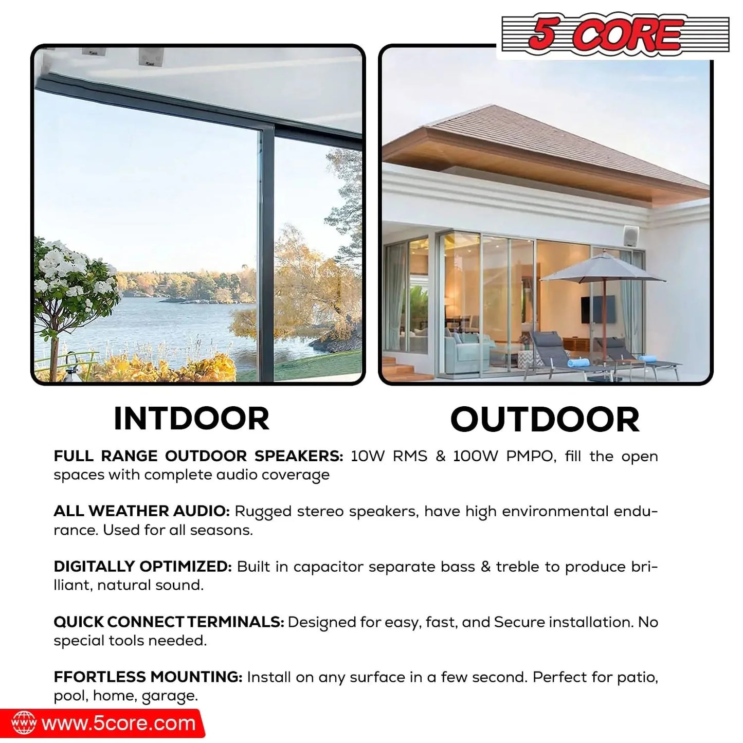 5Core Outdoor Speakers Stereo In Wall 100W Peak Passive Home Audio System Anti Spier