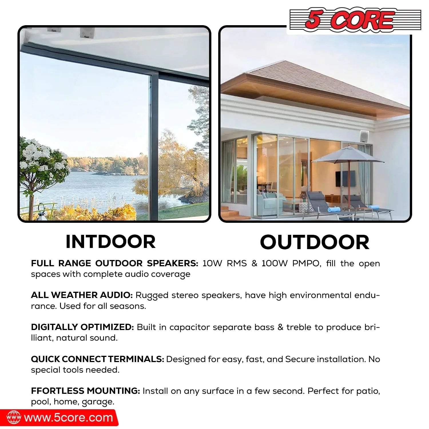 5Core Outdoor Speakers Stereo In Wall 100W Peak Passive Home Audio System Anti Spier