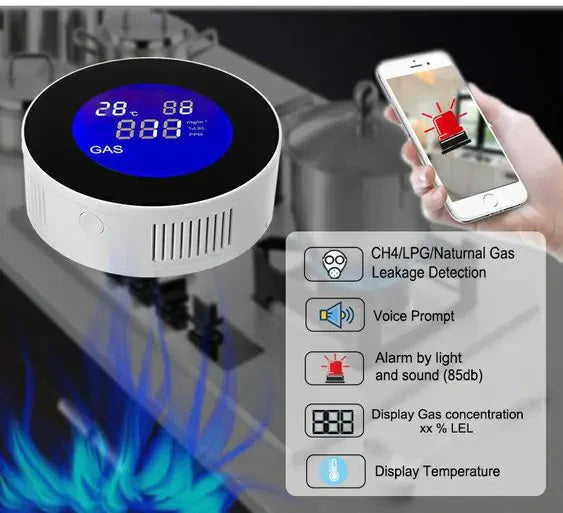 Wi-Fi Smart Natural Gas Detector - Digital LCD Temperature Display Gas Sensor for Home Kitchen Anti Spier