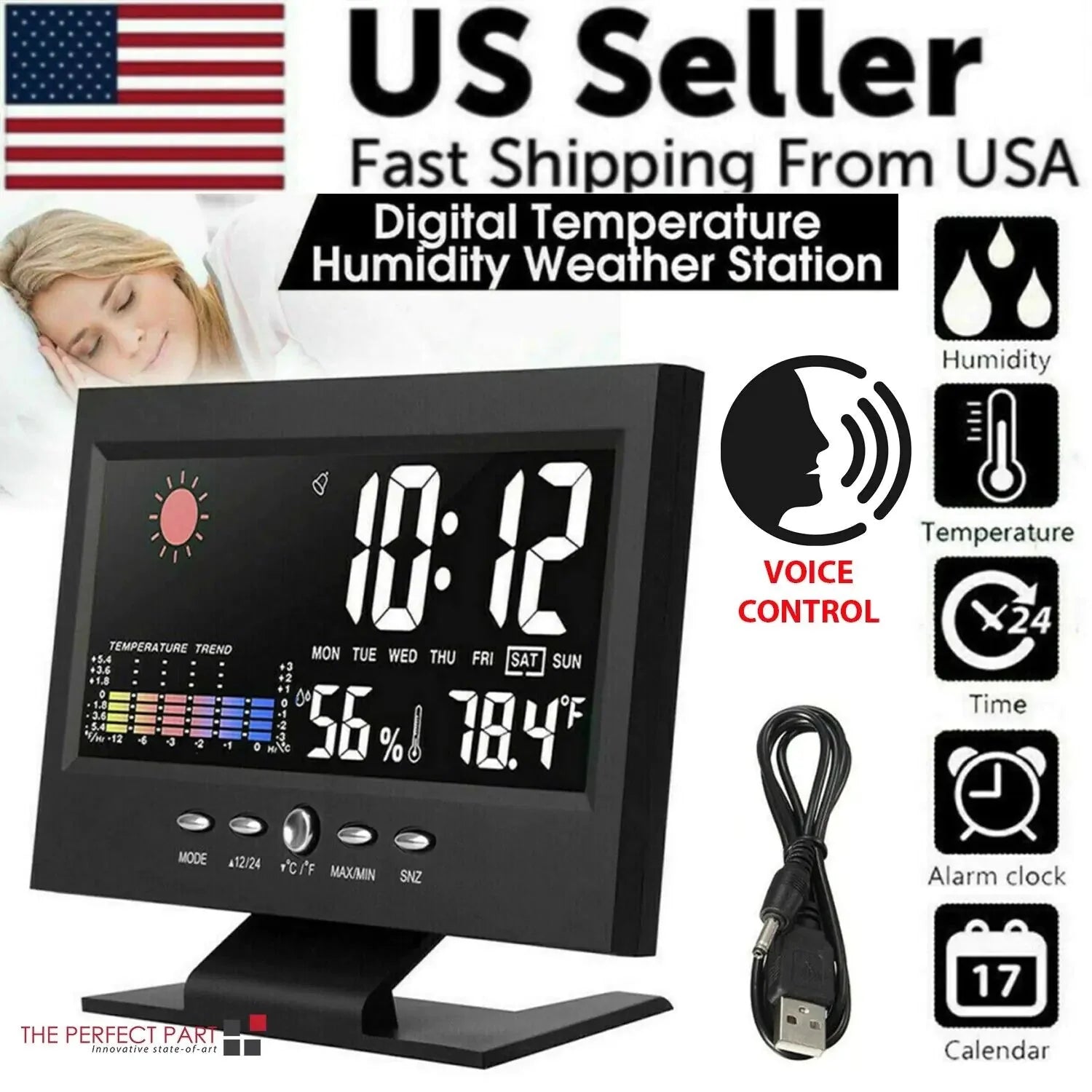 LED Digital Alarm Clock Snooze Calendar Thermometer Hygrometer Weather Display Anti Spier