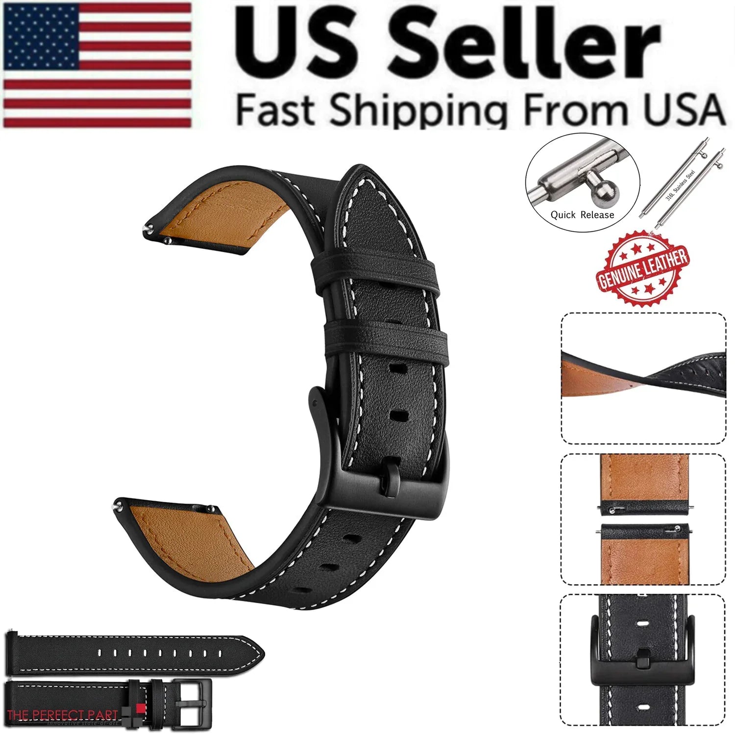 18mm 20mm 22mm Classic Genuine Leather Watch Band Strap Quick Release Wristband - Anti Spier 