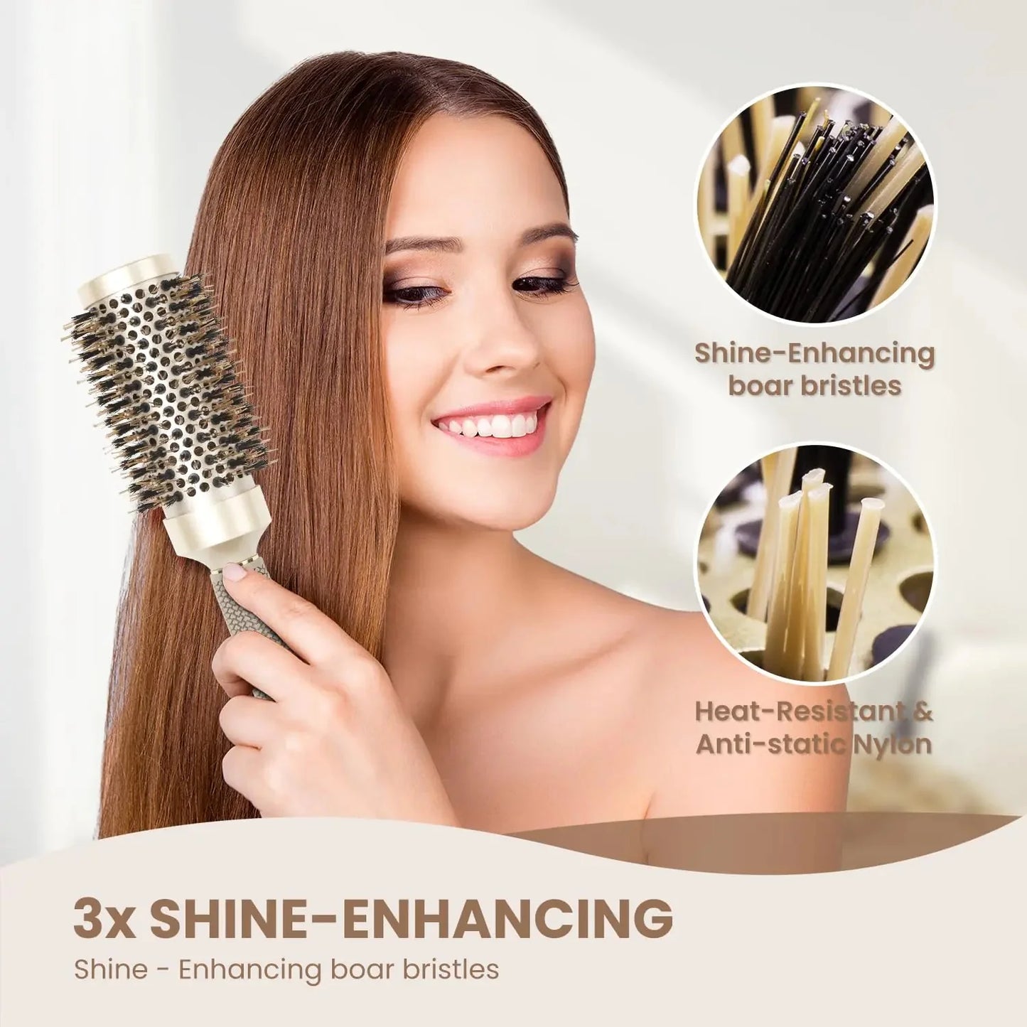 AIMIKE Round Brush, Nano Thermal Ceramic & Ionic Tech Hair Brush, Round Barrel Brush with Boar Bristles for Blow Drying, Styling, Curling, Add Volume & Shine (2.9 inch, Barrel 1.7 inch) + 4 Clips 43mm-1.7 Inch (2.9 Inch with Bristles) Anti Spier