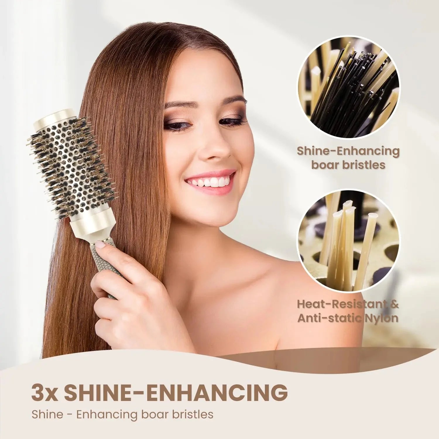 AIMIKE Round Brush, Nano Thermal Ceramic & Ionic Tech Hair Brush, Round Barrel Brush with Boar Bristles for Blow Drying, Styling, Curling, Add Volume & Shine (2.9 inch, Barrel 1.7 inch) + 4 Clips 43mm-1.7 Inch (2.9 Inch with Bristles) Anti Spier