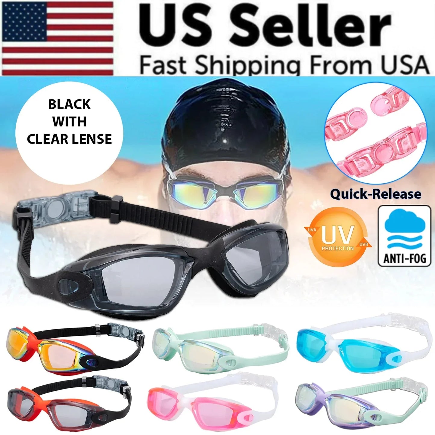 Clear Comfortable Swimming Goggles UV- Anti-Fog Swim Glasses Mirror Adult & Kids Anti Spier