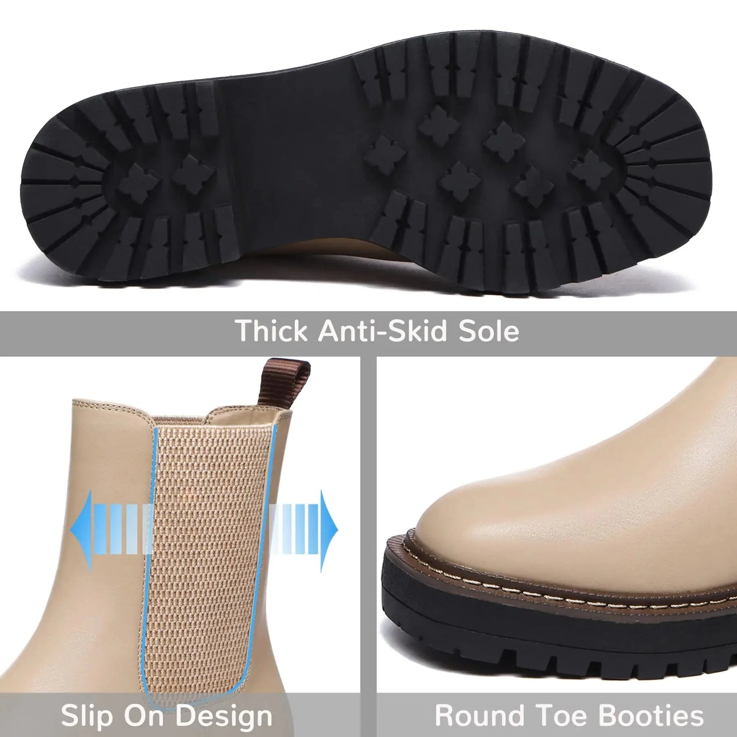 Athlefit Women's Chelsea Ankle Boots Platform Slip On Chunky Heel Lug Sole Leather Booties 9.5 Khaki Anti Spier