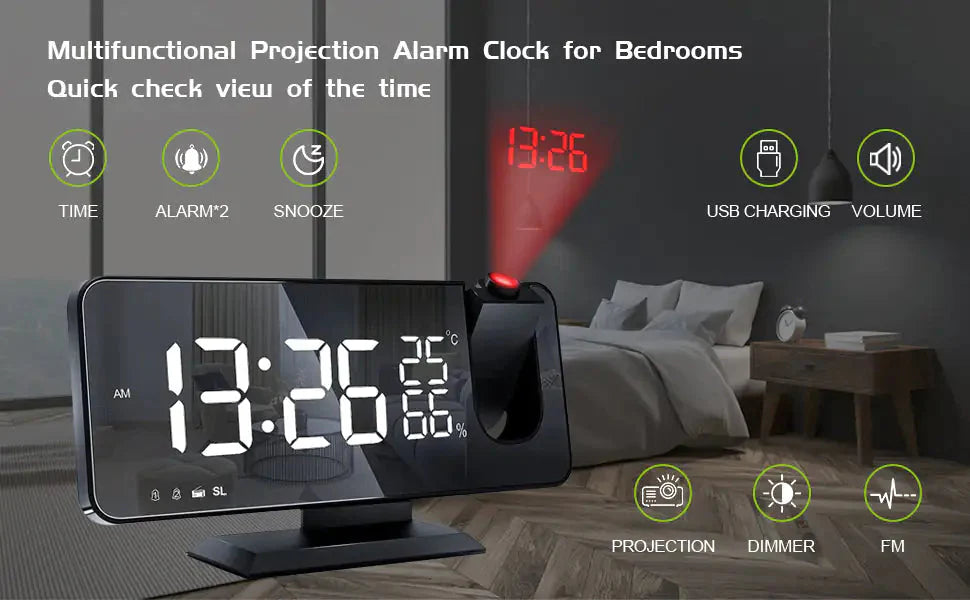 LED Projection Digital Alarm Clock Phone Charger Anti Spier