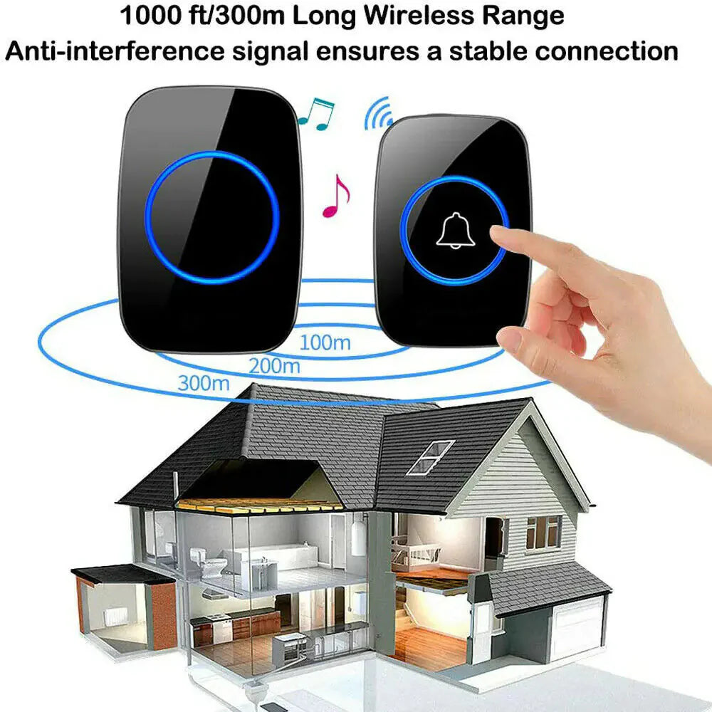 Wireless Doorbell Chime Waterproof Plugin Receiver Adjustable Volume 1000FT Kit Anti Spier