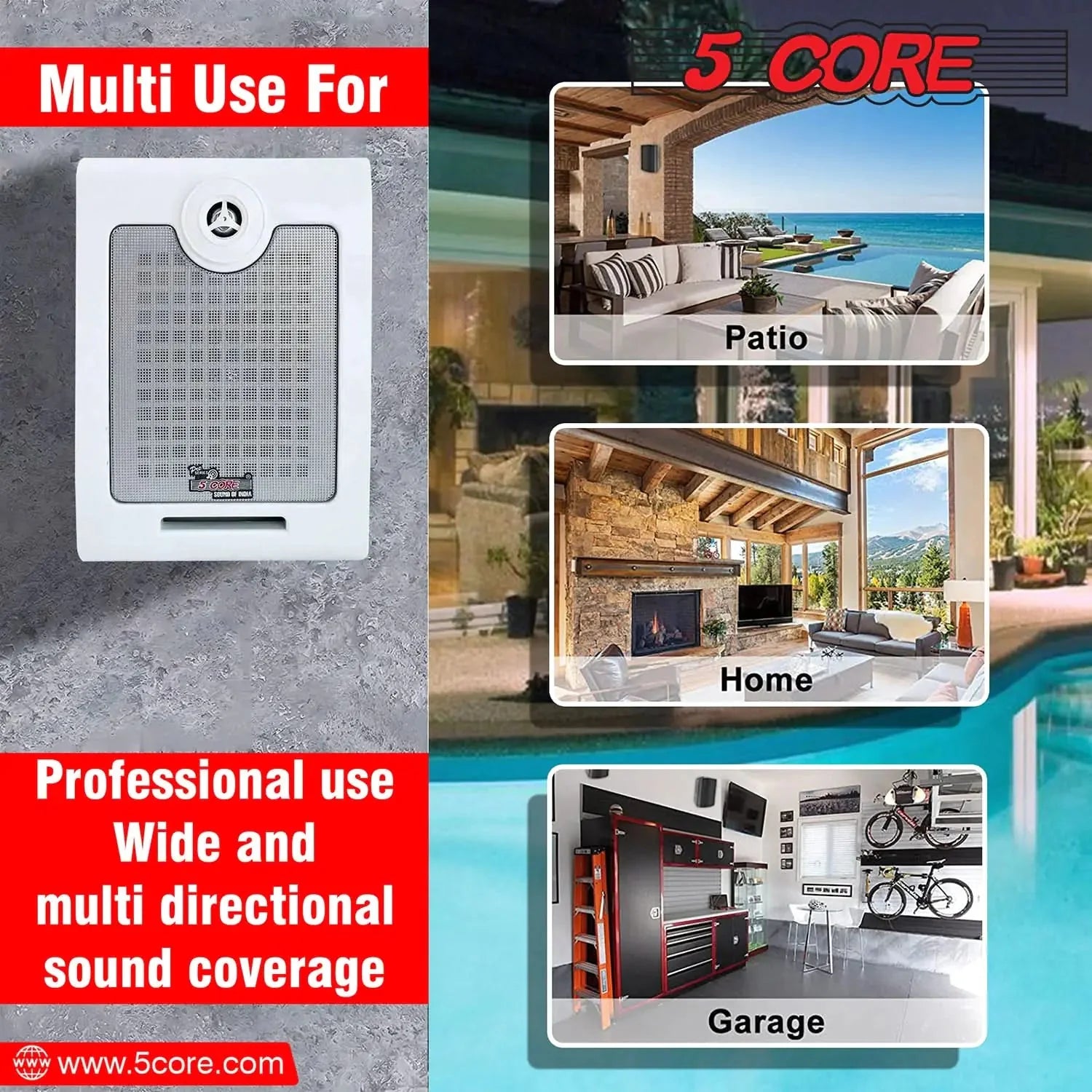 5Core Outdoor Speakers Stereo In Wall 500W Peak Passive Home Audio System Anti Spier