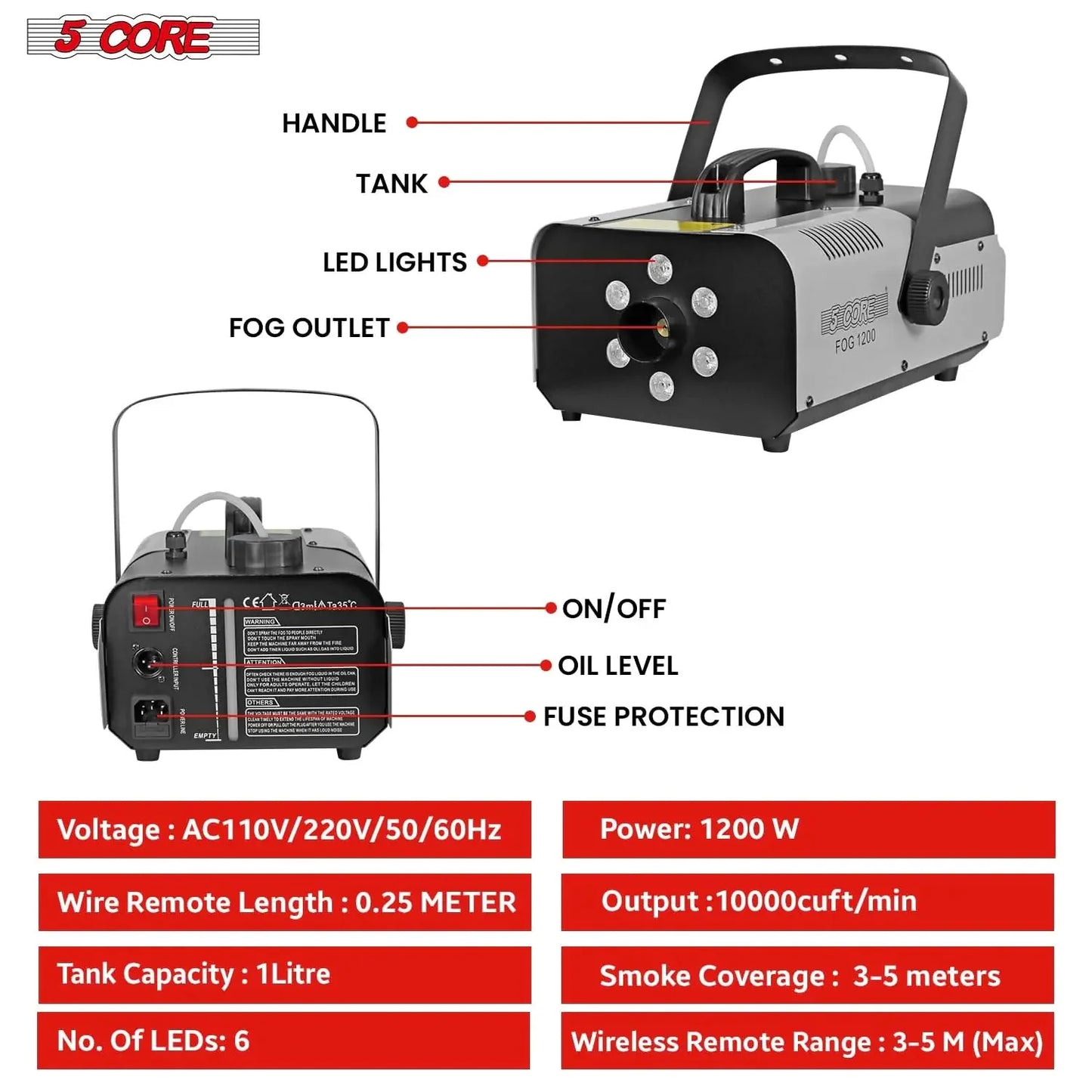 5Core Fog Smoke Machine 1200W Low Lying Indoor Outdoor 1L Fog Maker with LED Lights Anti Spier