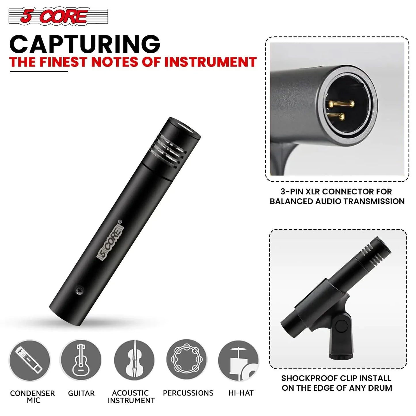 5Core Dynamic Instrument Microphone Professional XLR Cardioid Pencil Stick Condenser Mic Anti Spier