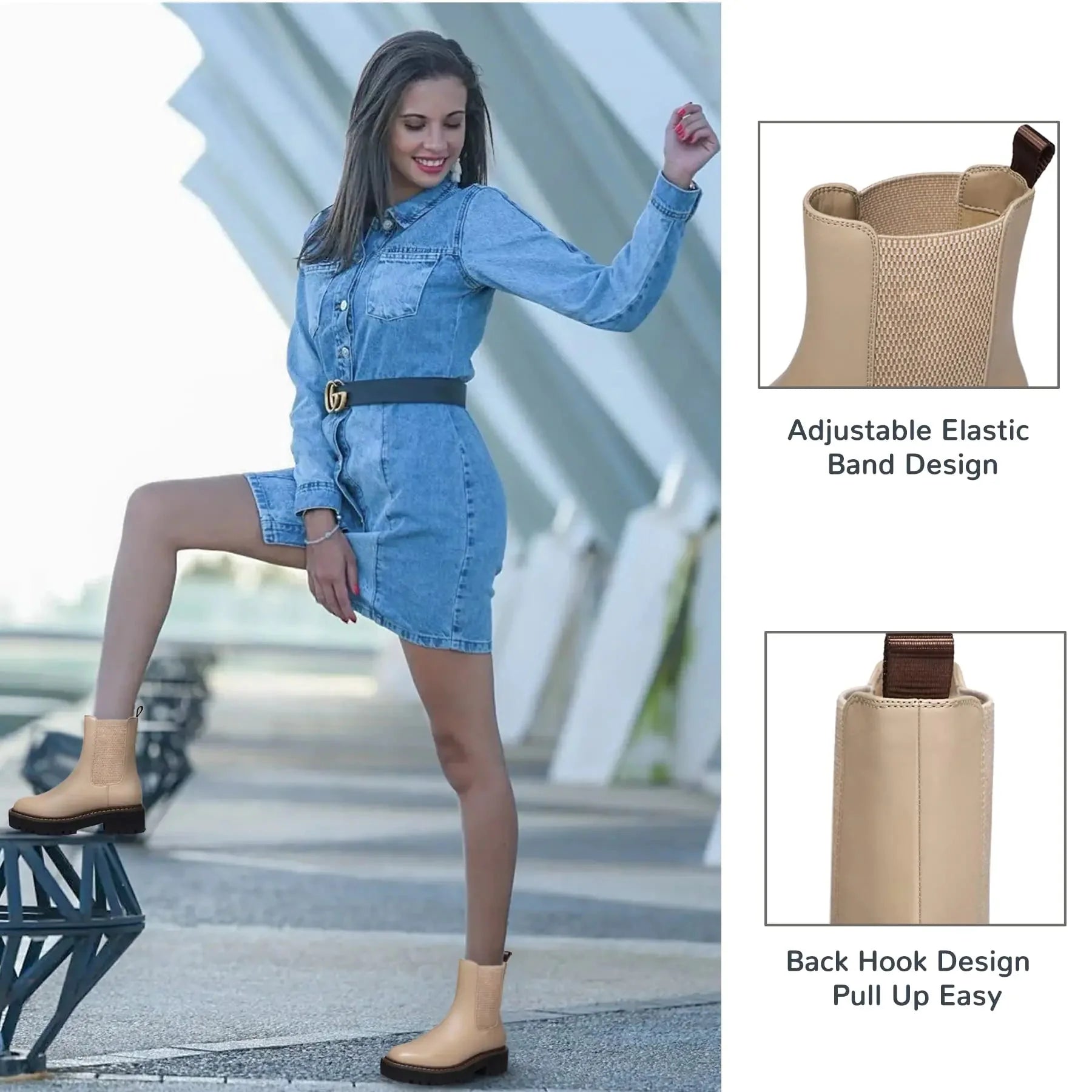 Athlefit Women's Chelsea Ankle Boots Platform Slip On Chunky Heel Lug Sole Leather Booties 9.5 Khaki Anti Spier