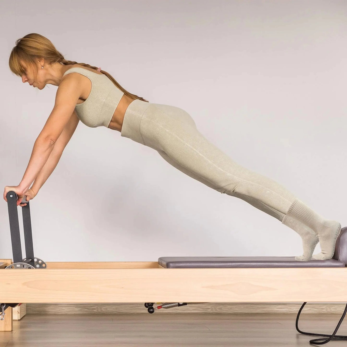 Toes Home Pilates Socks for Women with Non Slip Grippers, Yoga Crew Socks for Barre Hospital Sticky Slipper Socks 4 Pairs 6-10 Tan Anti Spier