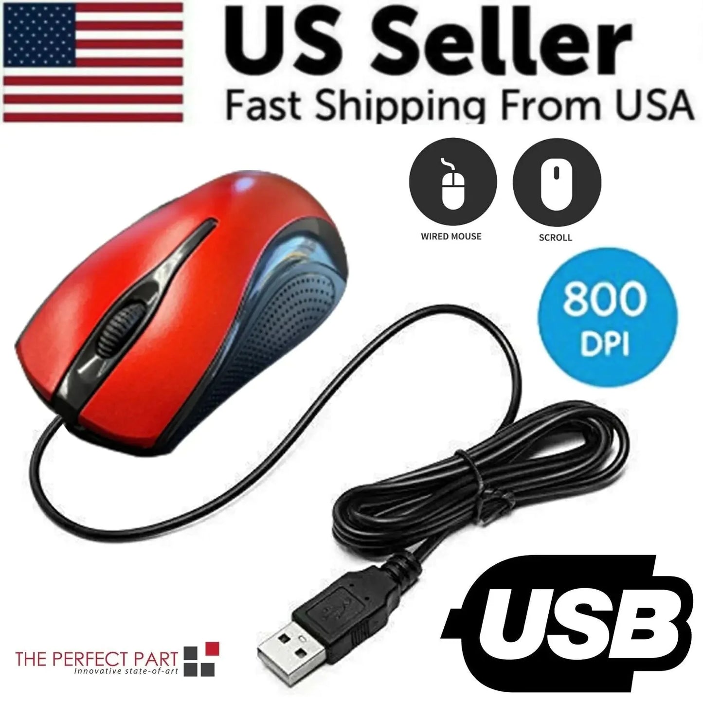 USB 2.0 Optical Wired Scroll Wheel Mouse For PC Laptop Notebook Desktop Red Mice Anti Spier