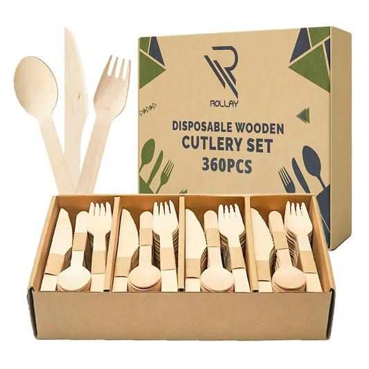 Rollay 360 PCS Disposable Wooden Cutlery Set - Biodegradable Cutlery Set with Wooden Spoons Forks and Knives - Compostable Cutlery Wooden Utensils for Parties Camping and Picnic Anti Spier