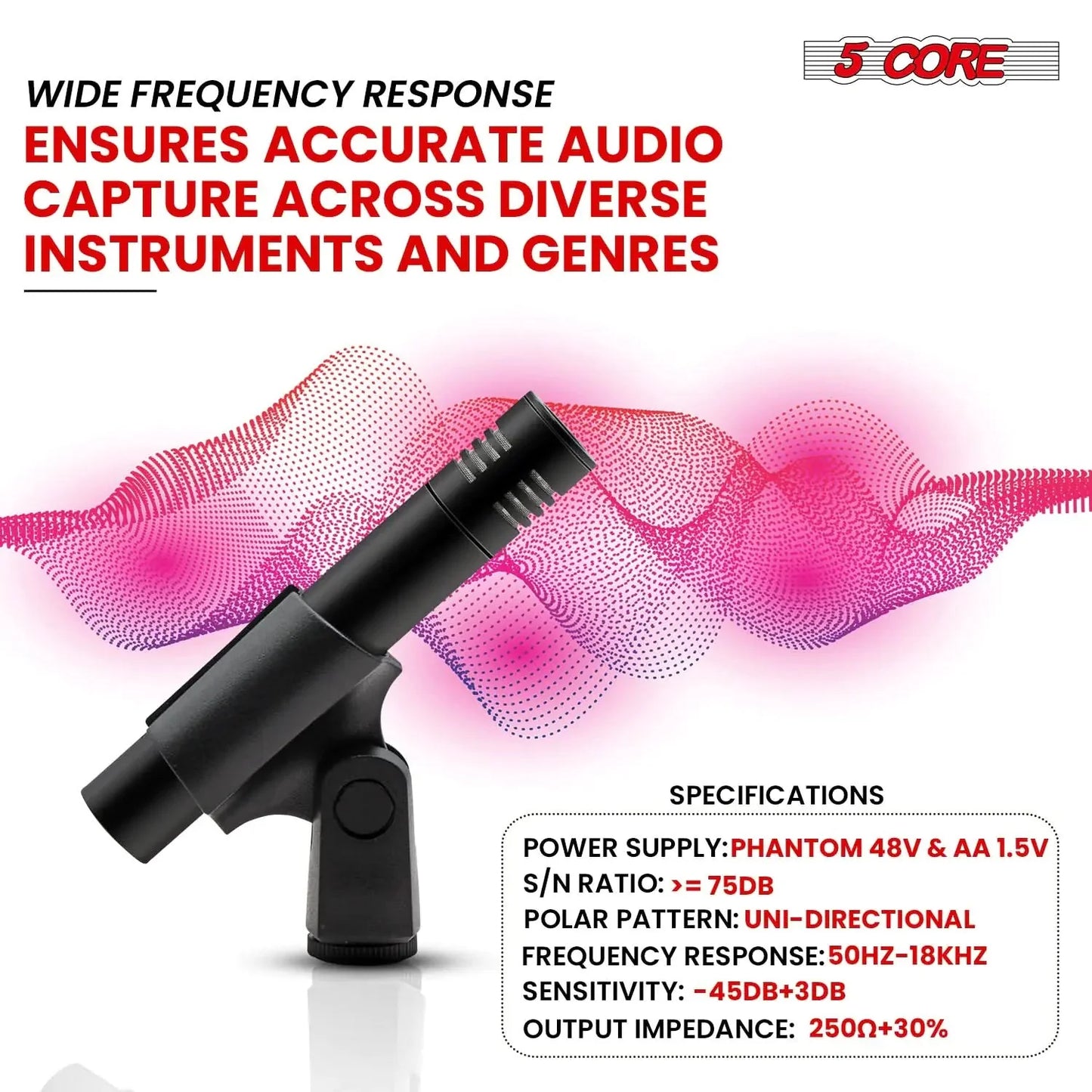 5Core Dynamic Instrument Microphone Professional XLR Cardioid Pencil Stick Condenser Mic Anti Spier