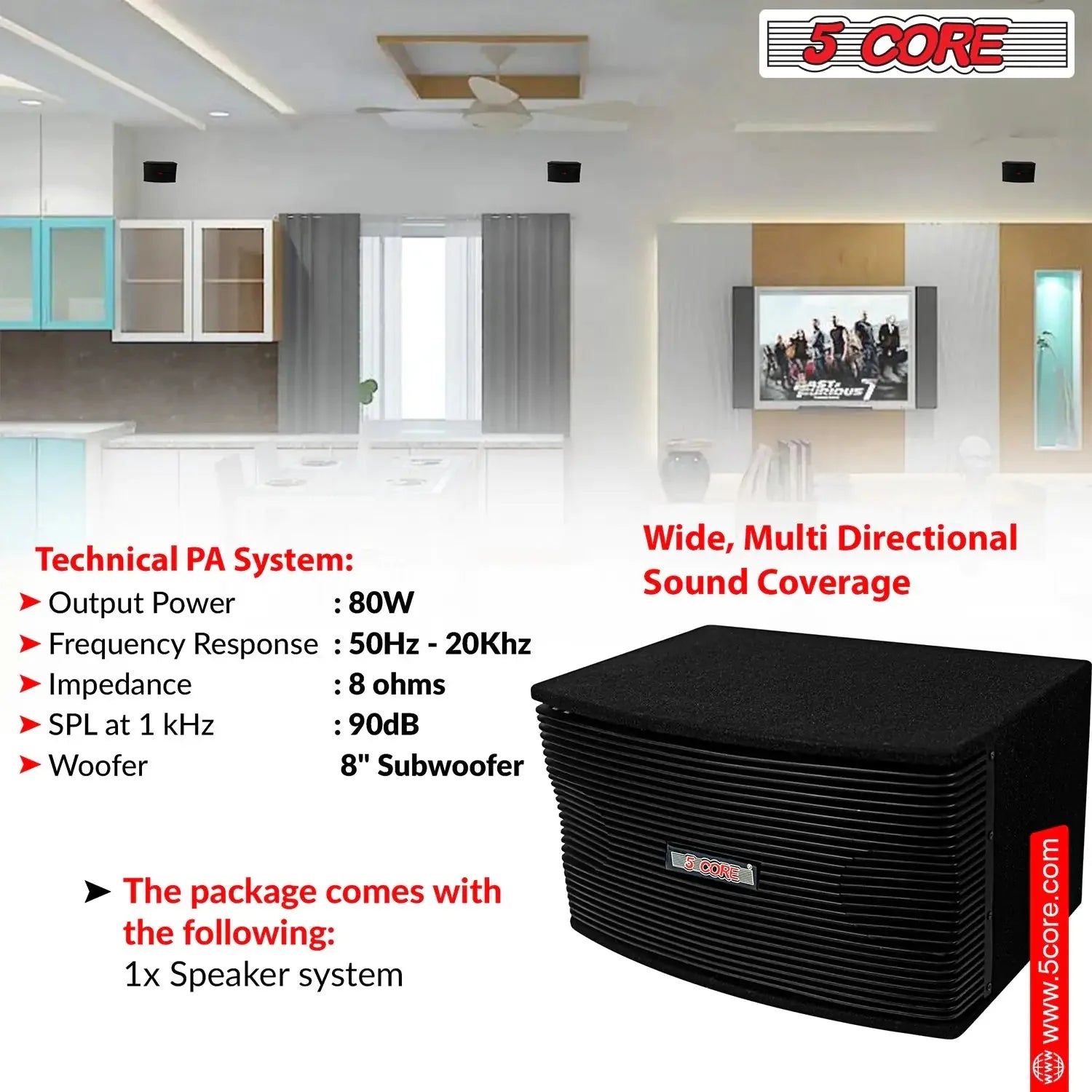5Core Box Subwoofer for Car 1Pc Black 800W Peak Power 8 Inch Vented Trunk Speaker Woofer 8 Ohm Anti Spier