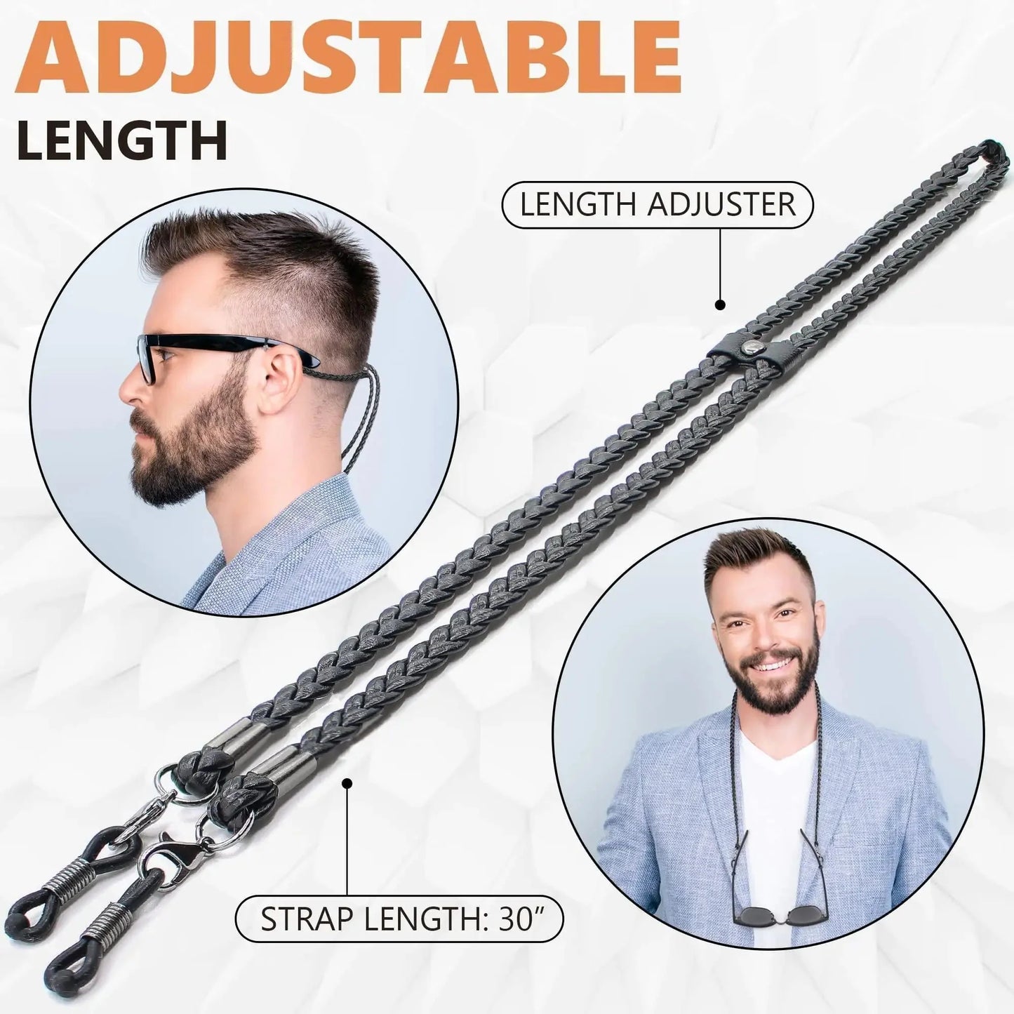 Eye Glass String Strap Holder Premium ECO Leather 2 Cords Black 30 inch Length Anti Spier