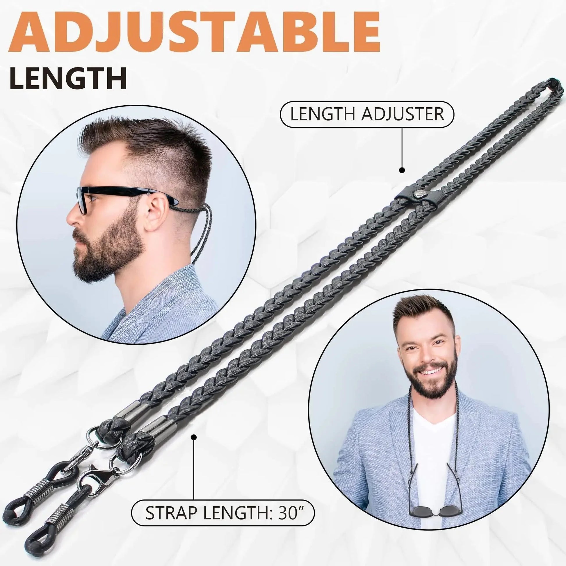 Eye Glass String Strap Holder Premium ECO Leather 2 Cords Black 30 inch Length Anti Spier