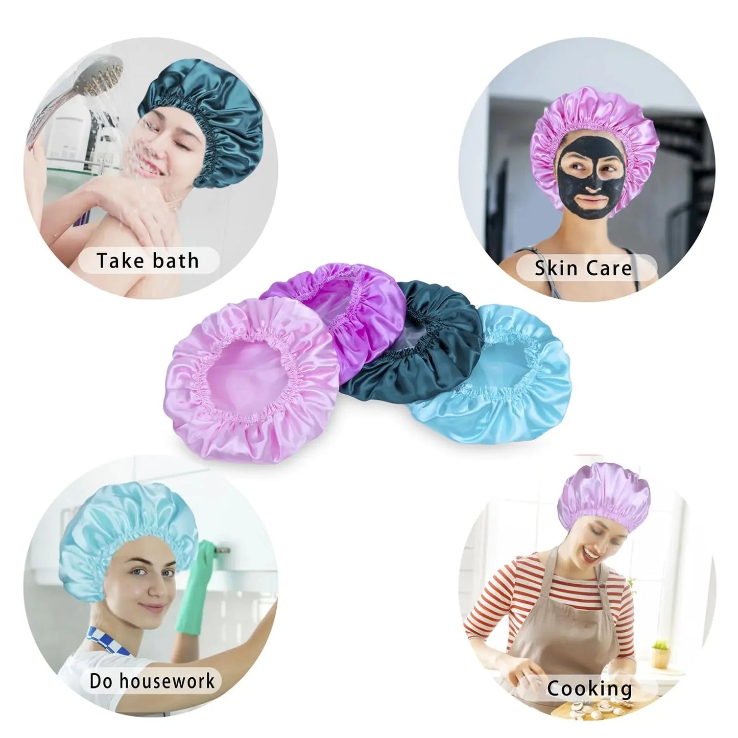 Shower Caps for Women, 4 PCS Elastic and Reusable Bath Caps, Double Waterproof Layers Shower Cap, Bathing Shower Caps, Environmental Protection Hair Bath Hat - Solid Color Solid Color 4 PCS/Set Anti Spier
